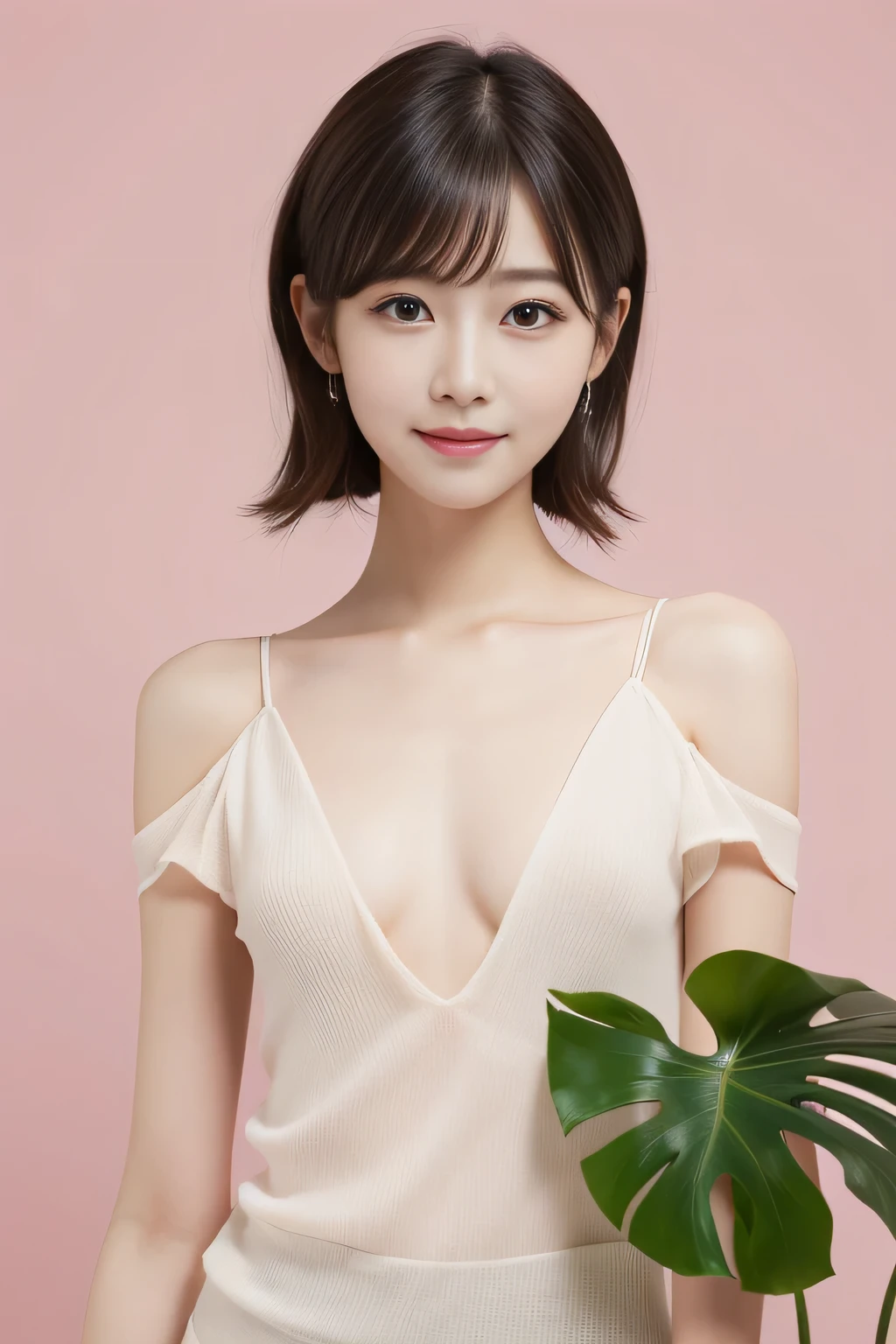 Miss Cabaret、White sexy dress、high quality、Surreal、healthy、Smiling face、Slim and perfect figure、Japanese Beauty、Beautiful Eyes、Perfect Face、Beautiful Skin、Pink Background