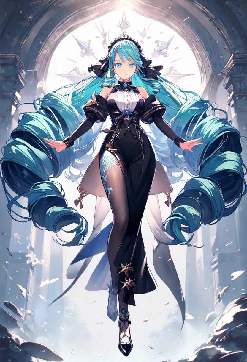 Shenhe's light bluer hair is parted off-center with one side covering her right eye. The back hair is fastened by teal ribbons in a loose fishtail braid ending in a super-low pony. A small odango bun is braided at her back head accessorized with a black hairpin.
Shenhe wears an black halterneck qipao dress with chest opening covered by black sheer fabric and full-length side slits fastend by flower frogs, revealing her white bustier underneath. She also wears two detached bubble sleeves with a ruffled shawl in a dark teal gradient. Her dress, bustier, and sleeves feature intricate patterns resembling snow lotus in dark sliver and gold accent. A metal garter is worn on her right thigh, where the Vision is affixied.
Her accessories consist red knots attaching to her sleeve garters and neck straps, a lotus headpiece, heart-shaped earrings, ombre nails, and simple black pumps with sliver anklets. . SPARKLE; GLITTER