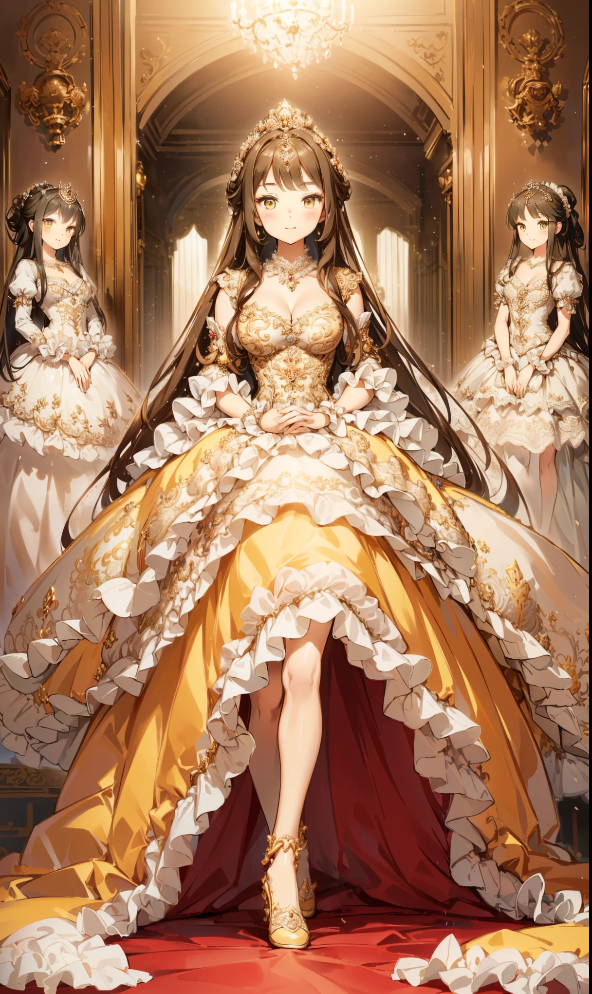 (( anime art style )),( masterpiece),( top quality), ( super detailed),(( very delicate and beautiful )), 1 girl working part-time,(( Full Body Portrait)),Standing at the Palace of Versailles,((Lonely)), Mathematical Art ,((( 1 princess in a gorgeous Rococo style princess dress,Wear yours with a voluminous Long skirt))),Skirt Support ,(( Beautiful embroidery and jewellery )),Full ruffles,transparent,( Gorgeous embroidery and beautiful lace ),(( Lots of straight hair ,Very fluffy hair , very long straight hair)),(( exquisite face and eyes )),Extremely gorgeous hair accessories,(A crown studded with jewels ),(Gorgeous gemstone jewelry,shiny gold),Long veil,( pretty background),Full body love ,(( A gorgeous Princess Rococo prom dress ,Wide, Long skirt))