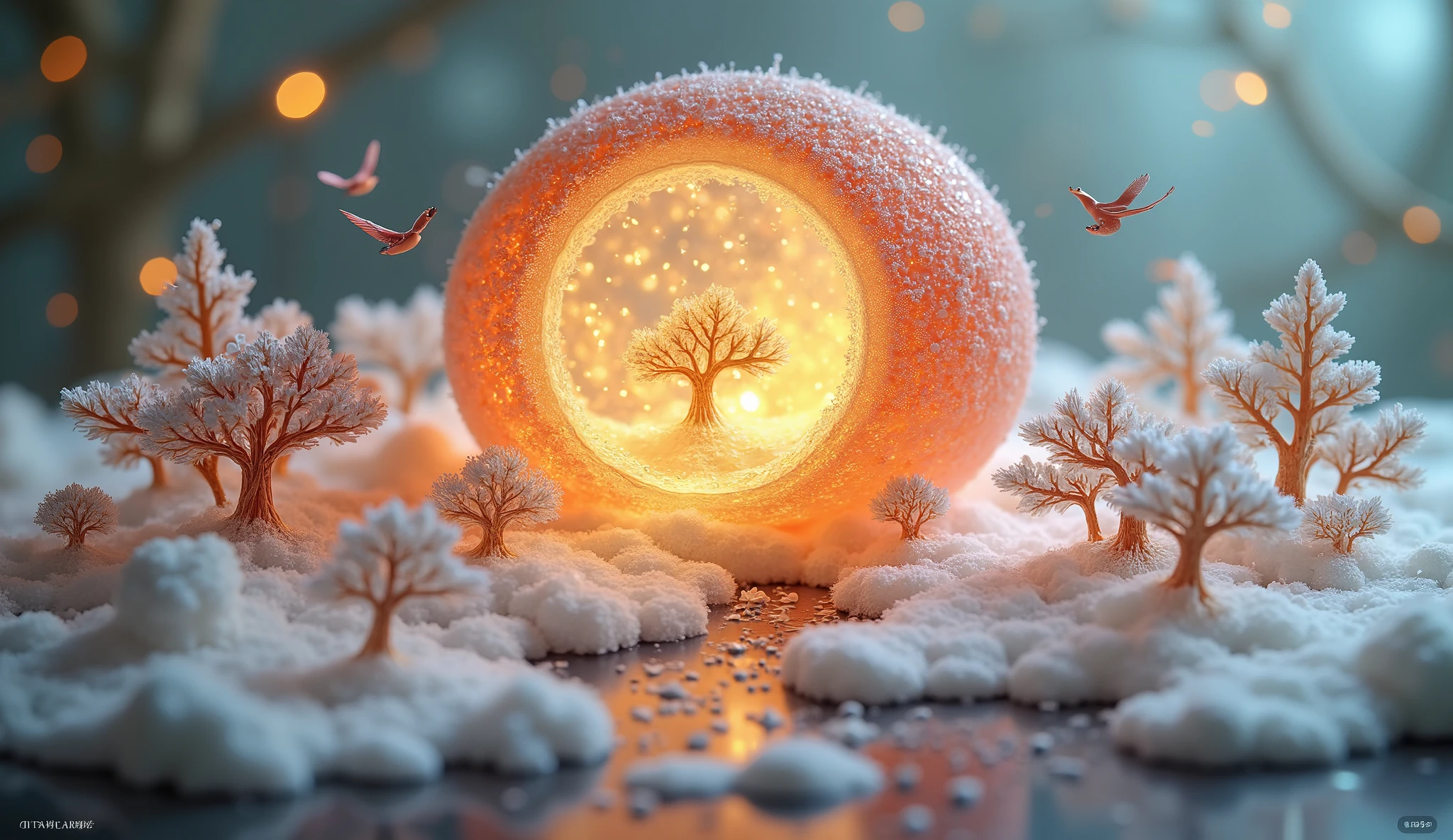 goose_Xuanhuan,A masterpiece in an eggshell : shows a miniature landscape , is refined using the Chinese hollow carving process . Small trees , birds, in the detailed eggshell canvas ,The stream meanders , The stream rotates . The white paper carving brings texture to the scene . with ultra-clear details , as if viewed through a wide-angle lens , with a depth of field effect that blurs the edges . precision and softness in this {x} 3D perspective, Precision and softness are perfectly blended here.