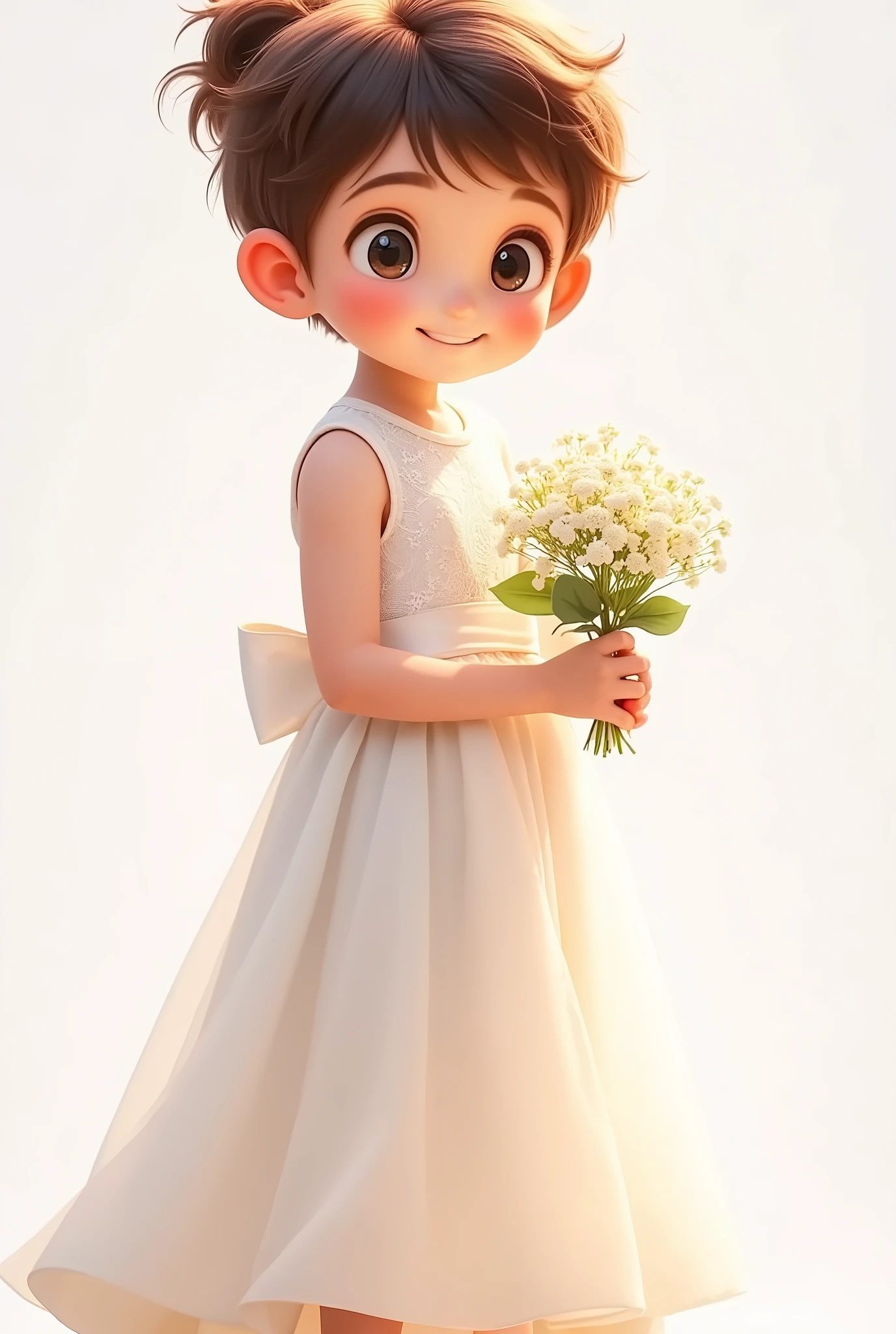 The same from the photo, with cute and expressive features, now in a long flower girl dress, wearing a long, loose and delicate white dress with lace details, a satin sash at the waist and matching shoes. Her hair is styled in a bun, with a small white bow. She holds a bouquet of delicate Gypsophila in her hands and has a charming and happy look. The background of the image is soft white, with soft golden lighting
