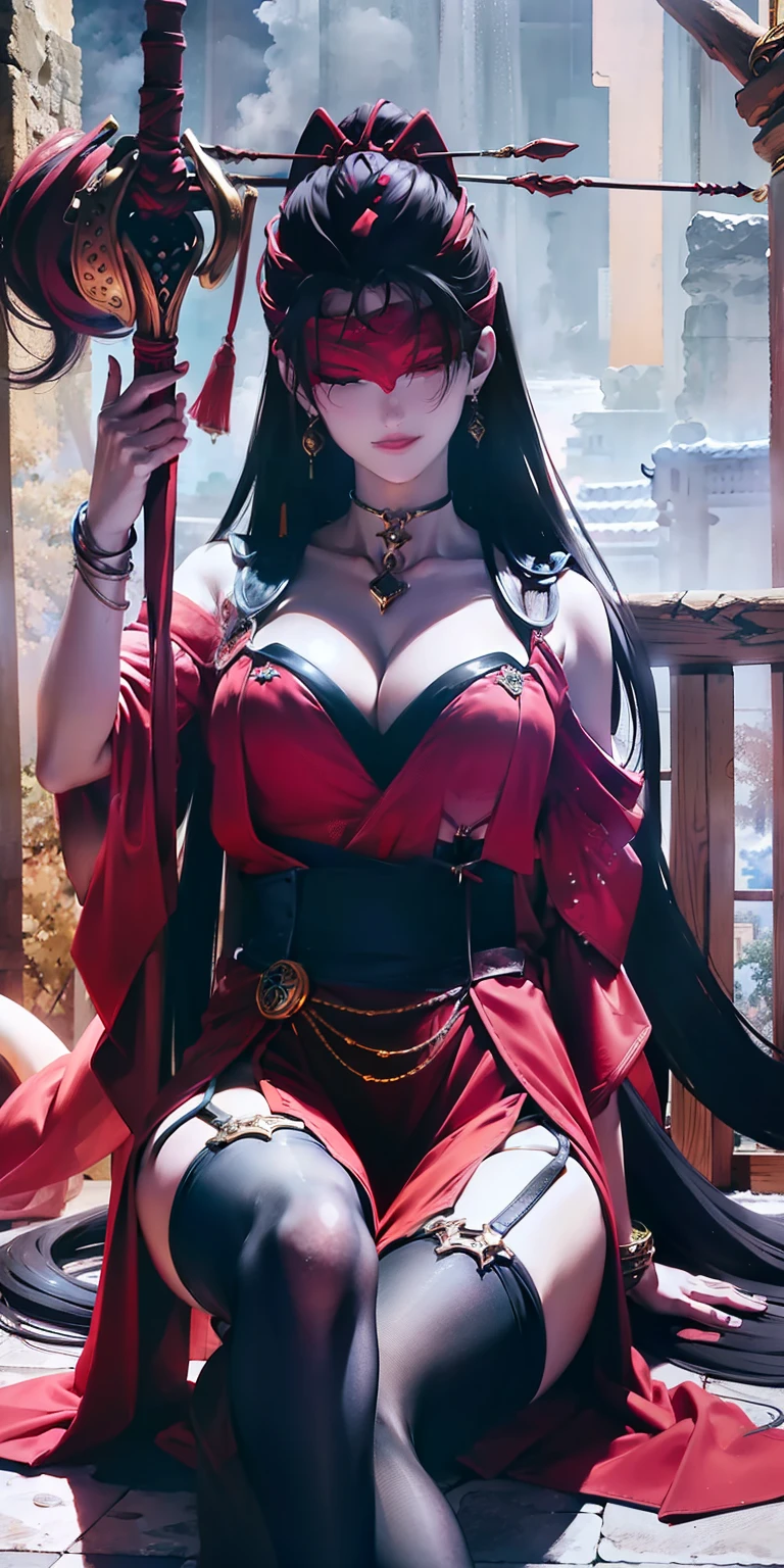 beautiful eyes,rays of god, seda, inside the house, blindfold, hair ornament, red dress, Good, hair sticks, black hair, to sit, open legs,
jewelry, hands on chest, face, looking at the viewer, hair ornament, choker , shy, smile,
( masterpiece, superior quality, better quality, official art , Beautiful and aesthetic:1.2), (1 ), extreme detail , colored bus, more detailed,
( huge breasts:1.2,) upper body, by bleow , camel toe, white panties, raised skirt,
china city,two, , cloud, wall, leaning ,