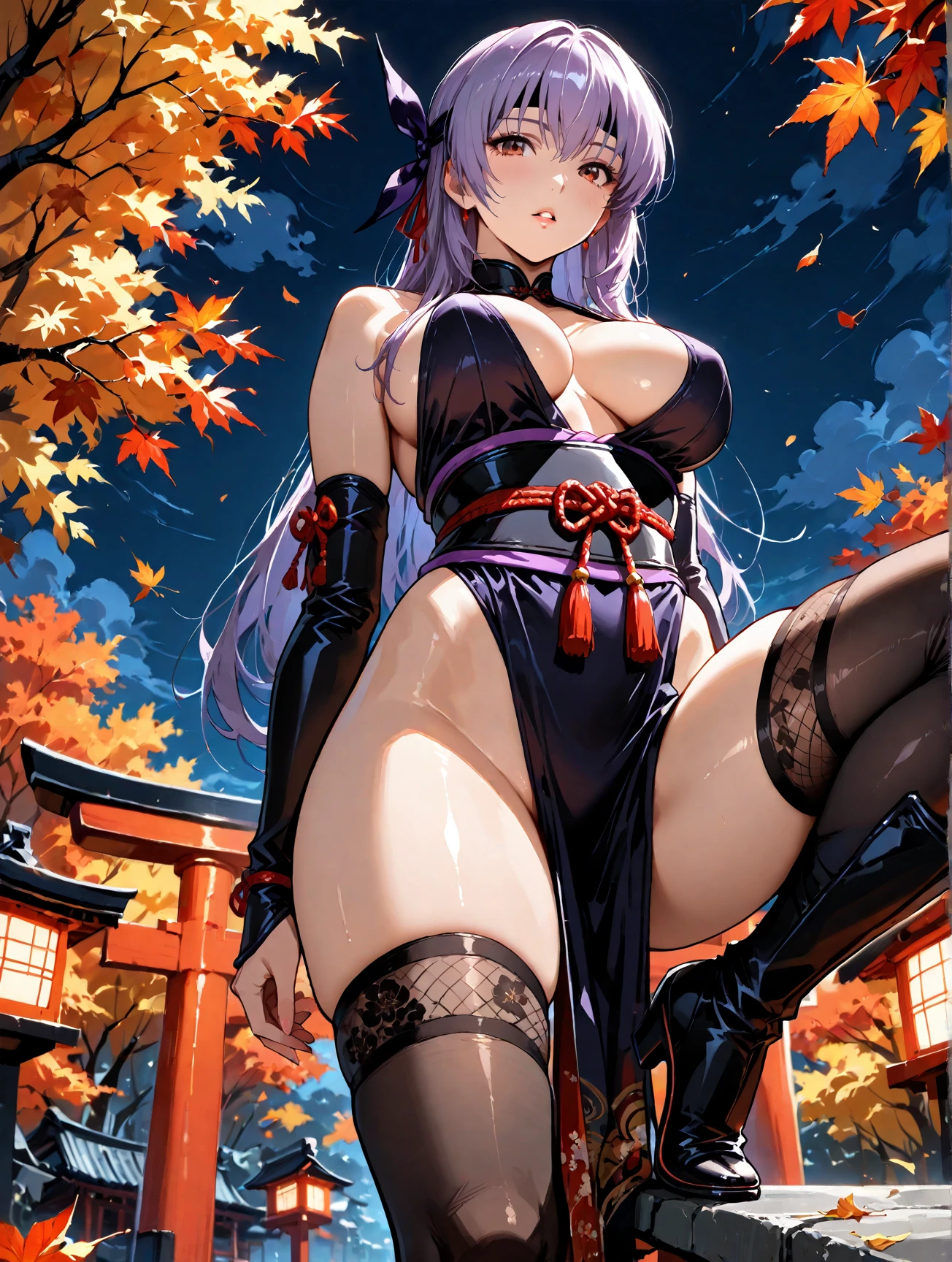 raiden shogun, purple eyes, purple hair, large breasts, japanese clothes,topless, sitting