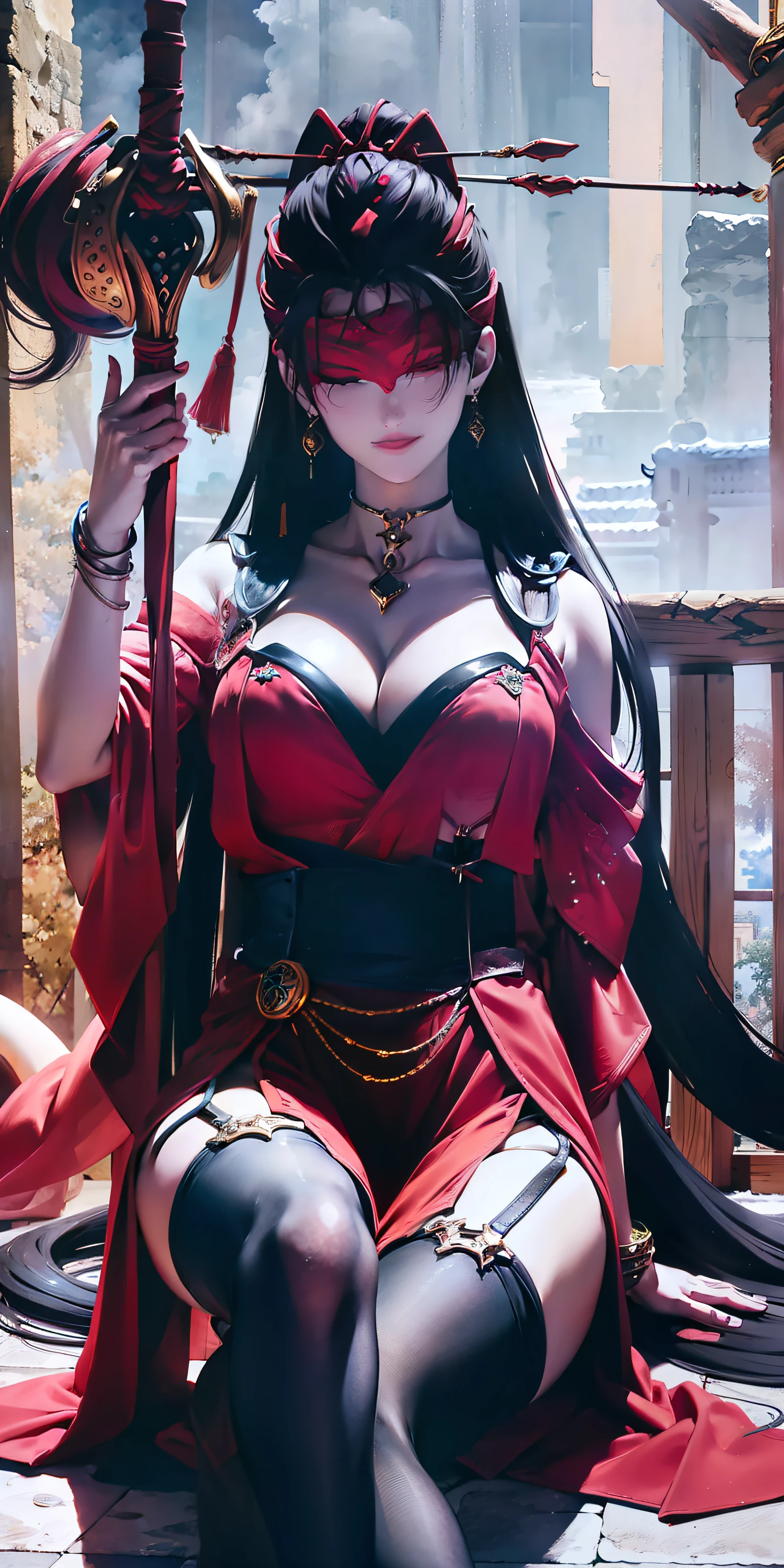  beautiful eyes,rays of god, seda,   inside the house, blindfold, hair ornament, red dress, Good, hair sticks,  black hair, to sit,  open legs,
jewelry,  hands on chest, face,  looking at the viewer,  hair ornament,  choker , shy,   smile,
( masterpiece,  superior quality,  better quality,  official art ,  Beautiful and aesthetic:1.2), (1 ),  extreme detail ,   colored bus, more detailed,
( huge breasts:1.2,)  upper body, by bleow ,  camel toe,  white panties,  raised skirt,
china city,two,  ,  cloud, wall,  leaning ,