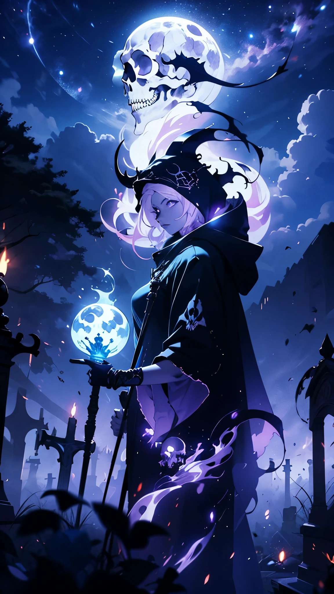 A female, legendary female necromancer with evil hooded, incredibly absurdres, award winning photography , extremely detailed, amazing, awesome, ultra detailed depictions artwork, fine detail,(from side, (looking down at you )), sense , cinematic shot, cool beauty, detailed sexy face, sharp eyes, , wearing a \(skulls devils evils\) robe , summoned hell, monsters around her, holding a long staff with glowing purple orb ,BREAK (beautiful purple aura) can be seen around her, ((glowing skulls), magical effects), (night cemetery in background, ultra detailed background, full moon in the sky ), the Death, the Grim Reaper,