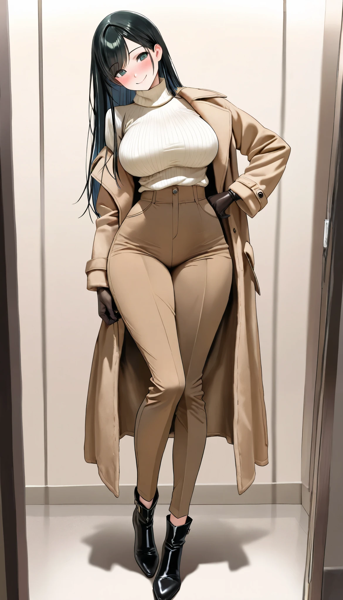(Best quality, 4K, high resolution, masterpiece:1.2), ultra-detailed, realistic (photo-realistic:1.37), 40 years old, Russian woman, Matriarch of the Russian Mafia Gang, ambitious, elegance, calm, charming, intimidate, (blonde hair, power ponytail hairstyle), perfect lash, perfect makeup, sun-tan skin, expressive blue eyes, wine lips, mature woman charms, seductive allure, perfect hourglass body shape, long toned legs, flat abs, perfectly round E cup breasts, very Tall, slim, with peachy hips, ((Wearing elegance beige Vicuña coat over Long Sleeve Turtleneck sweater with matching white pants)), ((long lacquer high heel Boots)), Background featuring luxurious penthouse.