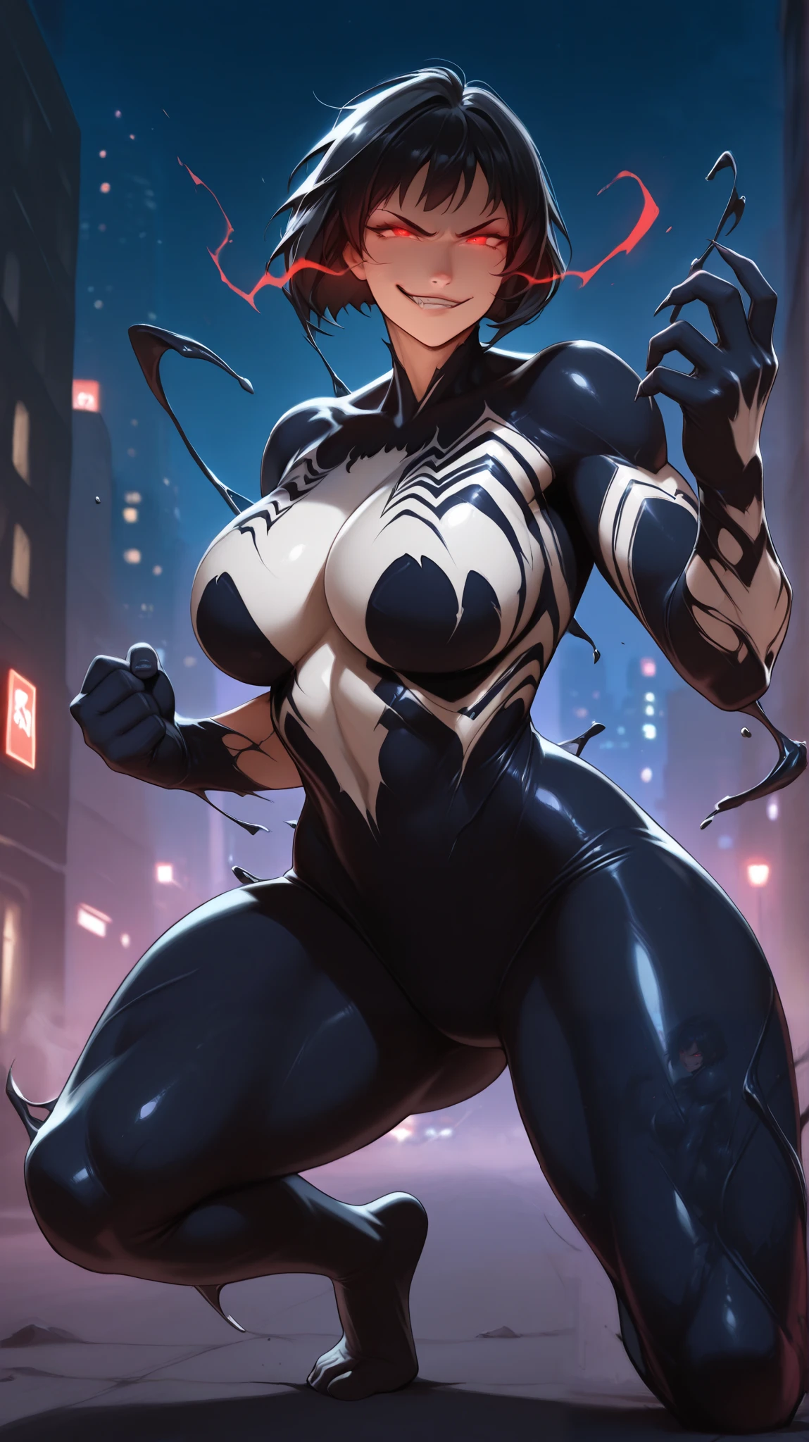 4K,realisticlying,Glamorous,The is very detailed,There is a girl in Dingcheng,Wearing a black Spider-Man costume,(Black and white:1.4) the night,symbiote,venomize,a large amount of mucus,she is a spiderman,Black superhero theme,In front of the sky,Flushed complexion,( Open legs, camel-toe,, Vulvar shape:1.3),(GGCameltoe:1.3)Legs apart,25 age old,full bodyesbian,(Body limbs are normal, no extra limbs, precisely anatomy)