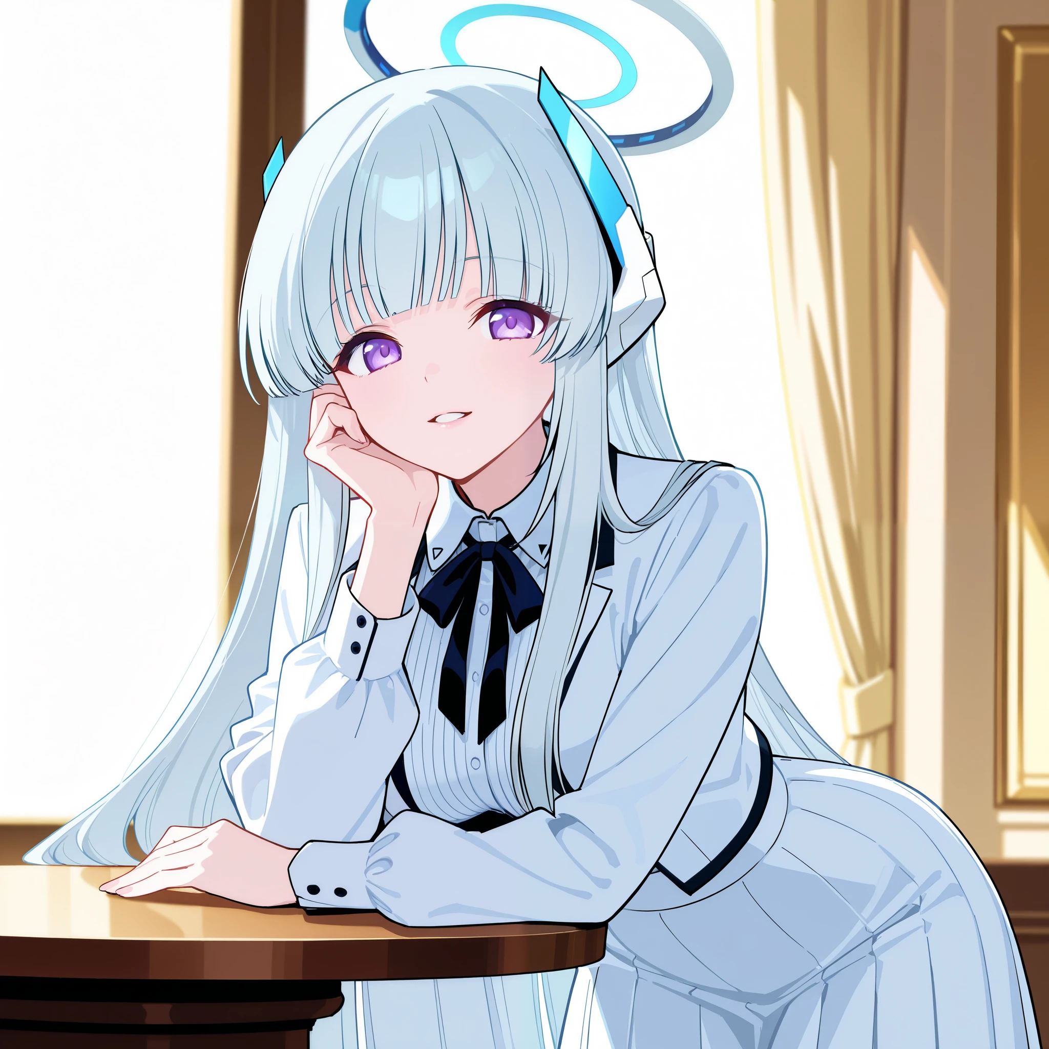 A stunning anime girl, Ushio Noa from Blue Archive, long white hair flowing elegantly, dressed in a slightly provocative but classy outfit (white school-themed attire with tasteful modifications), giving a seductive, alluring gaze directly at the viewer. Her pose is confident and inviting, leaning slightly with one hand on her hip, her eyes shimmering with temptation. Smooth and soft lighting highlights her beautiful features, enhancing the captivating atmospher