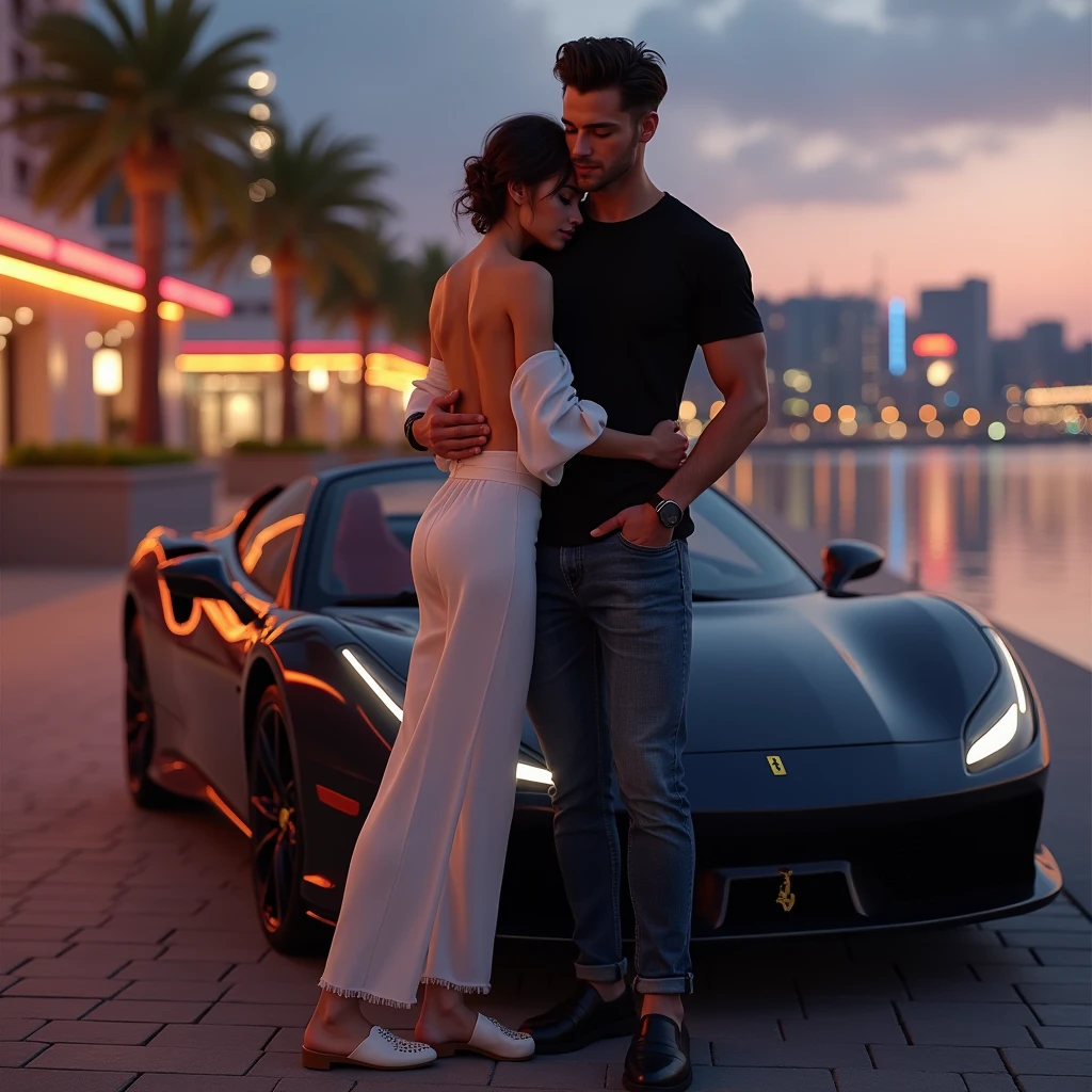(low angle shot from below)) ((rear view)). a happy surprise woman,(((hugging a smiling man in white tshirt and jeans))),looking at luxury underground car garrage. a lot of car , ferrari, rolls royce, bentley, mercedes, bmw, kournisegg, honda and pink hello kitty mc laren mercedes in the garrage . full of neon light