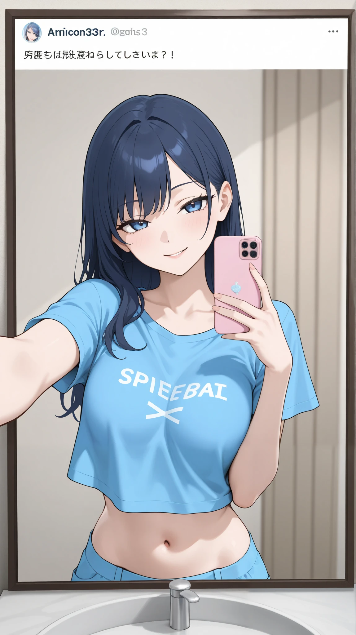 1girl, solo, in front of mirror,selfie,hip tilt,,upper body, navel, shirt with "Monst3r" text, midriff, seductive smile, sexy, blue themed