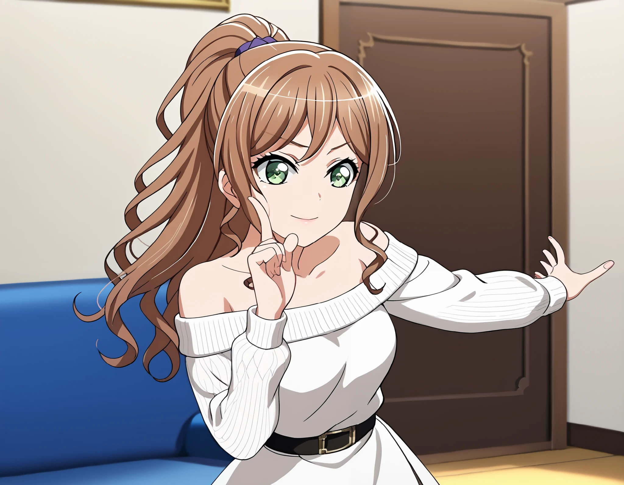 score_9, score_8_up, score_7_up, source_anime, masterpiece, anime screenshot, anime coloring, screencap, best quality, official art, bang dream! official art, best quality, high quality, (Intricate detailed:1.2), (solo:1.2) 1girl, BREAK imai lisa, Brown hair, long hair, ponytail, dark green eyes, medium breasts, bare shoulders, collarbone, dress, long sleeves, off shoulder, off-shoulder dress, off-shoulder sweater, pantyhose, White sweater, sweater, sweater dress, hoshino ruby dance, finger wagging, index finger raised, dancing, outstretched arm,