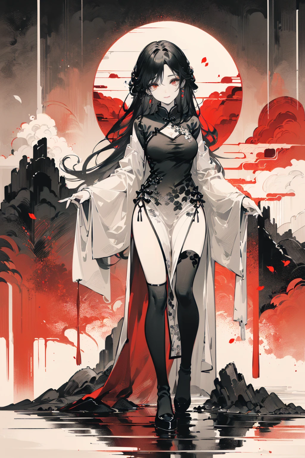 (anime style),masterpiece, best quality, extremely detailed,18Year old,Beauty skin, Beautiful body,middle breasts,BREAK, black hair,absurdly long hair,for head,BREAK,black eyes,Mysterious look,upturned eyes,detailed lips,BREAK,heian,kimono,BREAK,head tilt,Butoh movements,archive