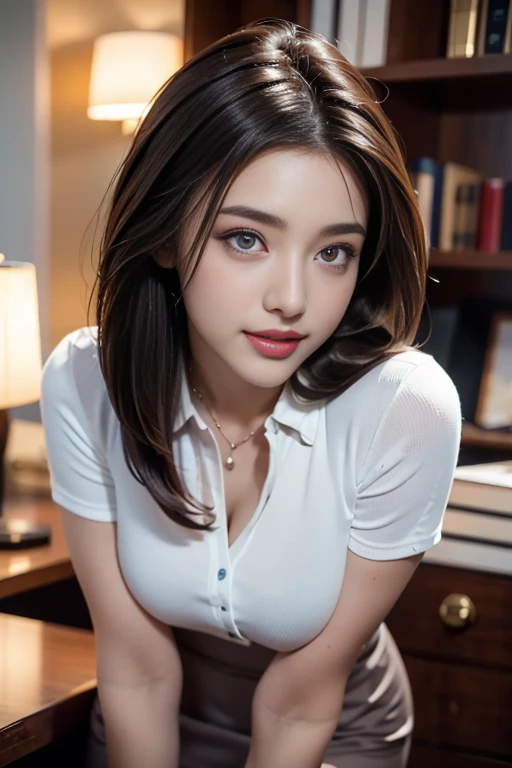 (RAW Photos), (Realistic), (masterpiece), (Highest quality), High resolution, 8K, (Intricate details), (Volumetric Light), Portraiture, woman, Age 35, Medium Hair, Straight hair, , Layered Hair, Brown Hair, Very beautiful eyes, Source order, Very thin eyebrows, Very fine skin, Very beautiful mouth, Very nice nose, Cute like an idol, smile, (Thick lips), (Looking at the audience), (White Collar Dress Shirt), Above the knee shot,