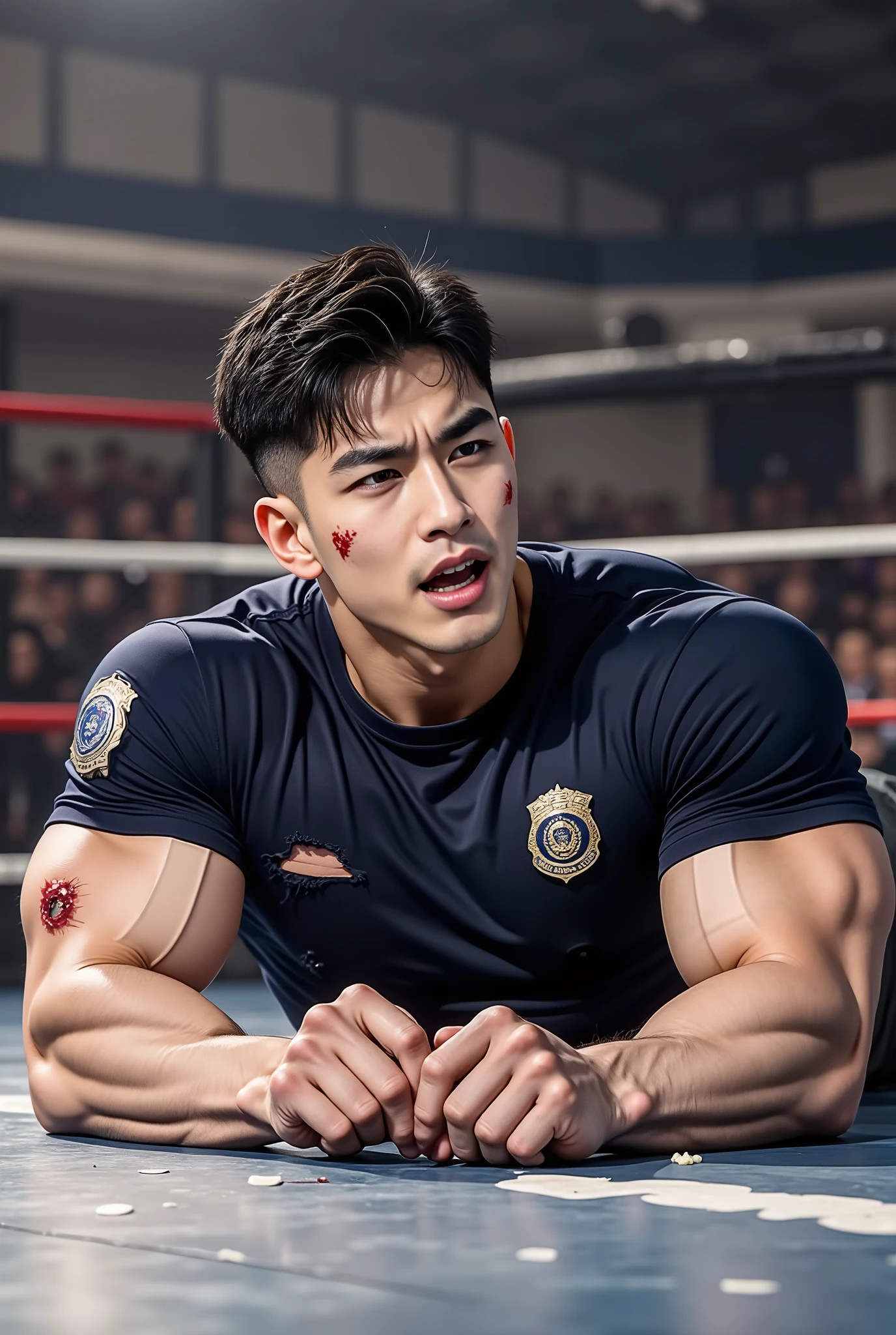 A handsome Korean man in a navy short-sleeved, short-sleeved shirt with a police badge, big muscles, lying on the floor of the stage, he cried in agony, with a slight bruise of blood on his cheeks, his shirt was torn., torn2, ,Nail marks, Scratch marks, Scratch marks on the chest, Nail marks on the face, (Nail marks on the chest:1.5), Background on the wrestling arena 