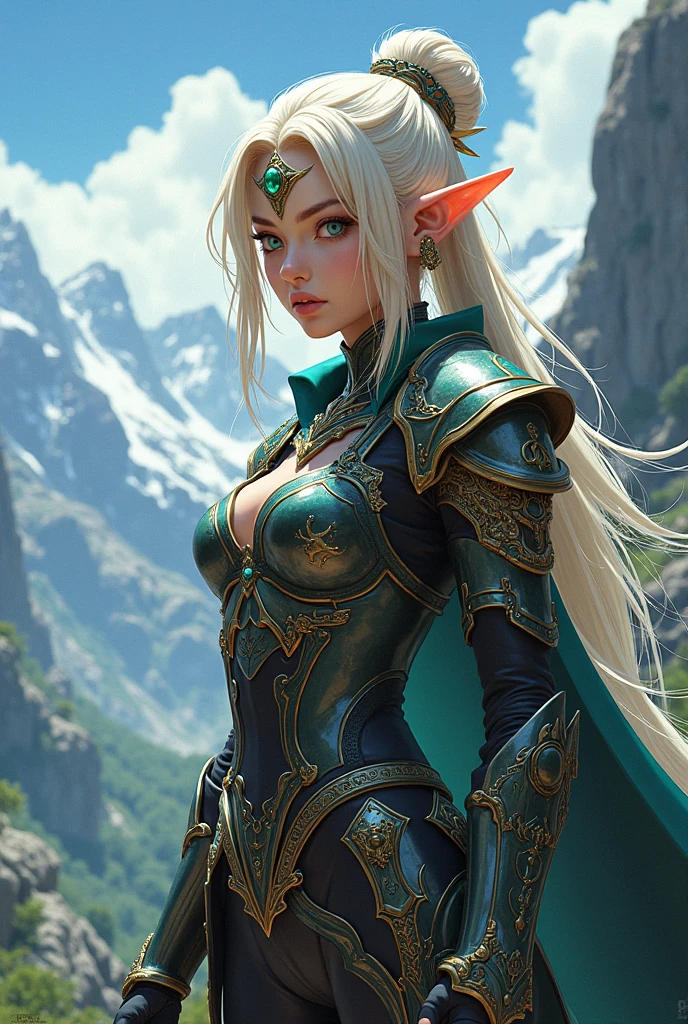 Create an image with 3 women in armor, a white elf sorceress, a white human knight and a green goblin archer