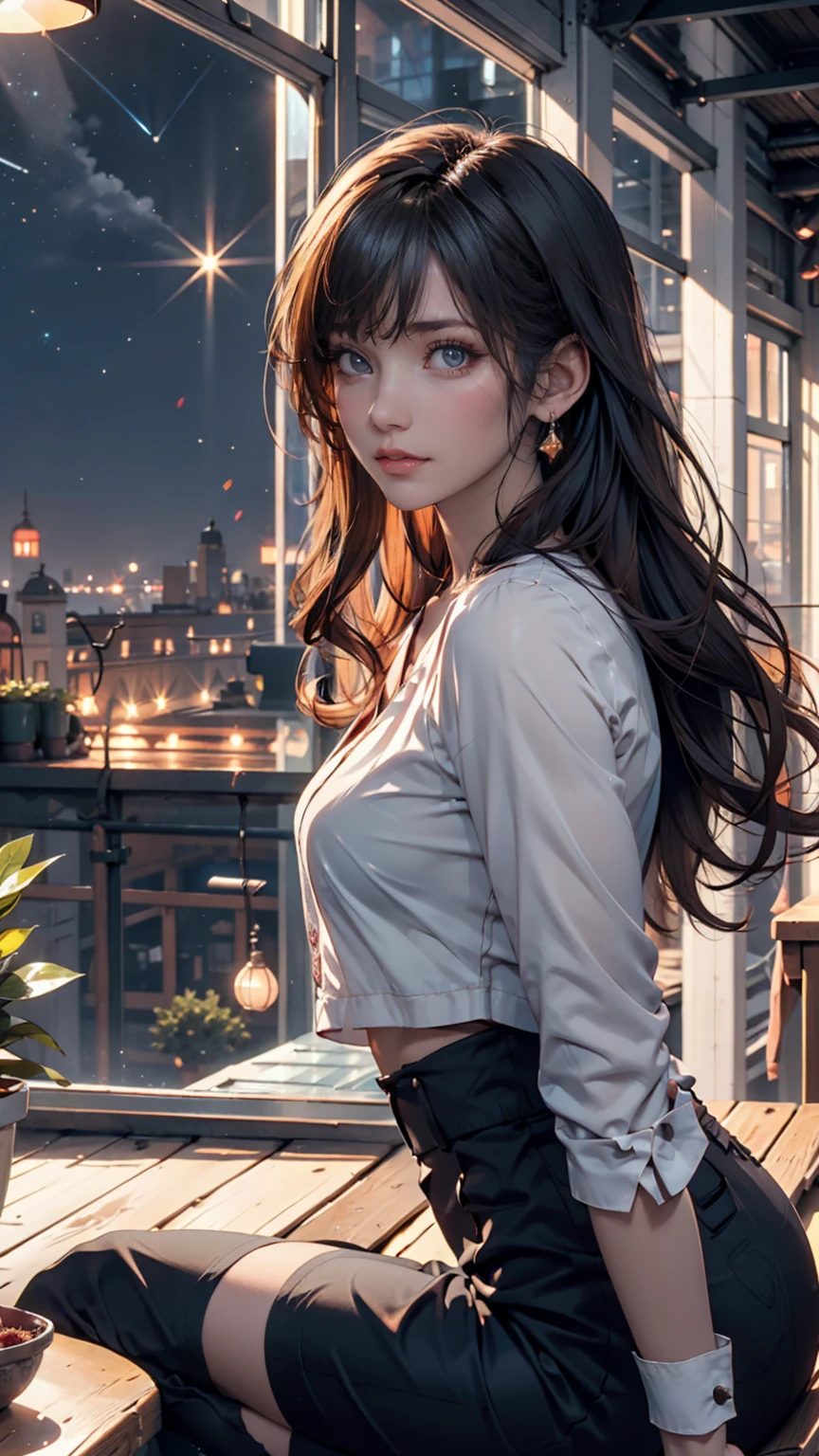 ((Midnight, Best quality, 8k, Masterpiece :1.3)), Whole body, Long legs, Sharp focus :1.2, A pretty woman with perfect figure :1.4, Slender abs :1.1, ((Dark brown hair, Big breasts :1.2)), (White tight tshirt, Jean bib, Standing:1.2), ((Night city view, Rooftop:1.3)), Highly detailed face and skin texture, Detailed eyes, Double eyelid