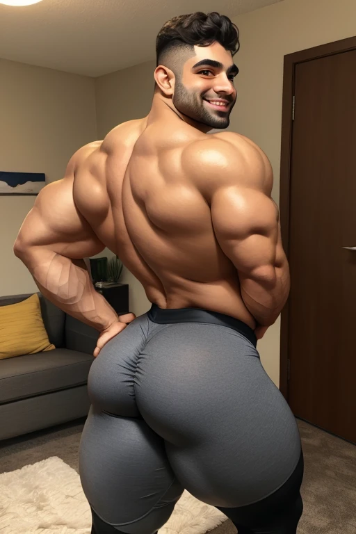 Make a very detailed picture of a shirtless male that is 6 feet 2 inches tall male twunk with big pecs, thicc ass, curvy figure, toned flat stomach, and back length curly black hair ties into a man bun showing off his thicc ass in tight booty shorts