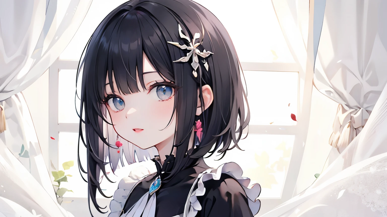 and lots of frills Long black bob hair with hair ornament upper body lipstick