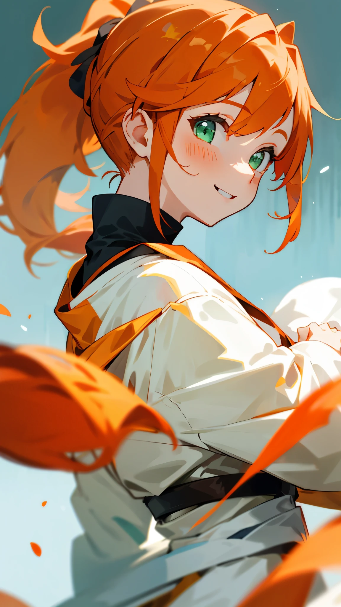 1 person、One person、An orange outfit that reveals the figure clearly、Orange Hair、ponytail、Beautiful green eyes、A face beaming with intense joy、A white coat adorned with golden decorations、Upper body close-up