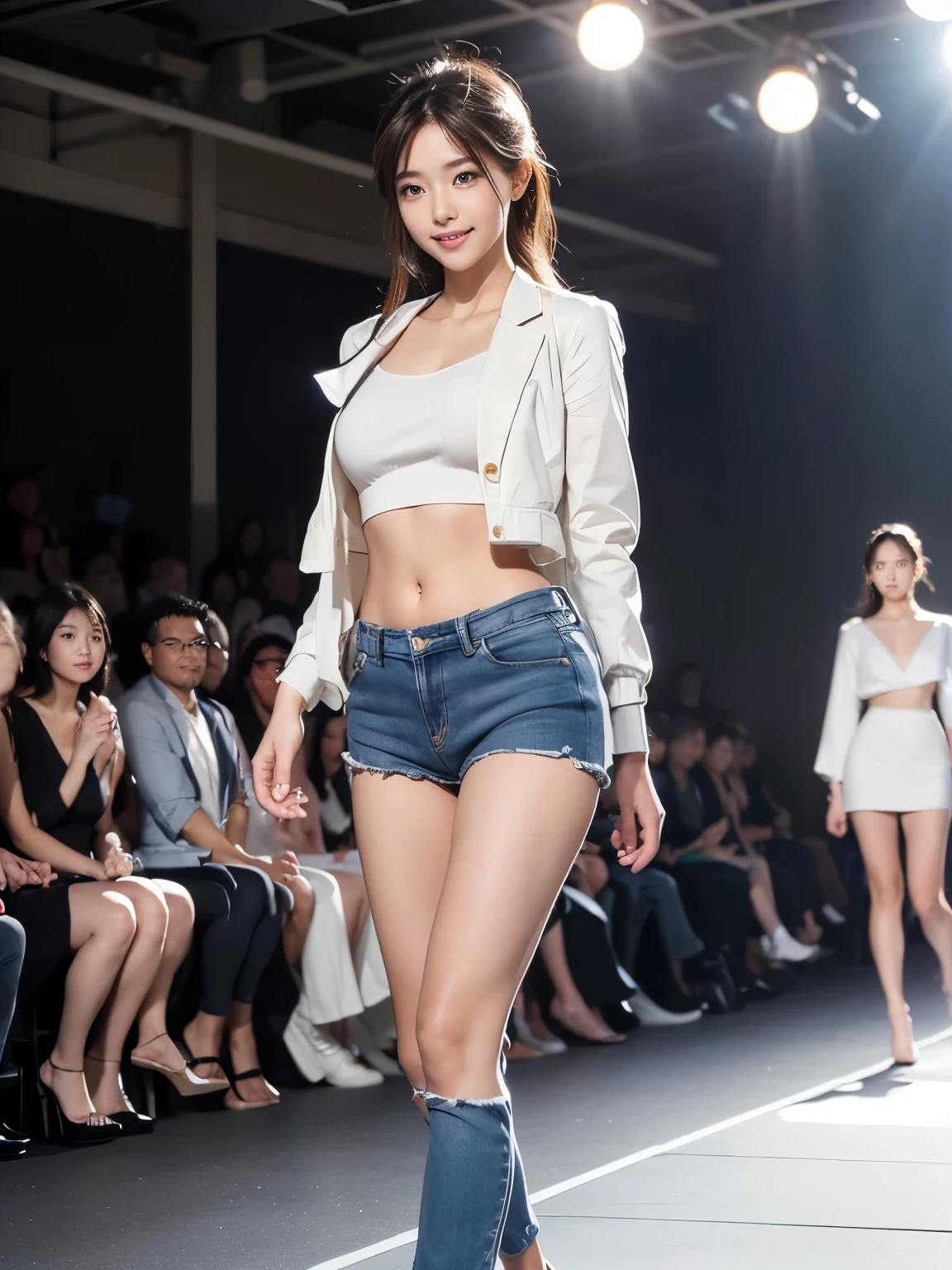 nsfw, 8k, best quality, highres, realistic, real person, A dynamic scene of a female model walking confidently down a runway, surrounded by a large audience under bright lights. The model is elegantly dressed in a high-fashion outfit, with the spotlight focused on her. She exudes confidence and grace as she strides forward. The audience is captivated, and the atmosphere is vibrant and glamorous, capturing the essence of a high-end fashion show. Turquoise jewelry, denim shorts, ankle boots, Big breasts, cleavage, beautiful legs, long beautiful legs, beautiful waist, exposed belly button