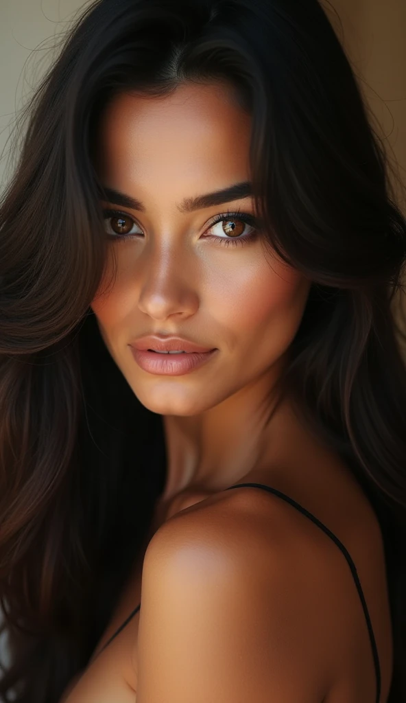 A close-up of a woman with long hair with her head turned to one side without clothes,, beautiful woman, Portrait Sophie Mudd, gorgeous beautiful woman, photo of a beautiful woman, very beautiful woman, Beautiful woman, attractive woman, Stunning woman, perfect olive skin, Beautiful latin face, extremely beautiful face, attractive girl, Amazing beauty, middle eastern skin, Beautiful model girl, beautiful woman