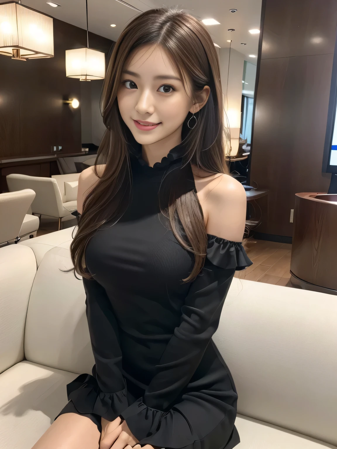 masterpiece, best quality, ultra-detailed, intricately detailed hyperdetailed, realistic, sharp features, highly detailed, sharp focus, Realistic, Photorealistic:1.3, perfect face, perfect symmetrically eyes, perfect full lips, hyper detailed, hyper realistic, high resolution, Taiwanese idol, Cute and sexy, fascinate, Beautiful Face, (Ruffle Black long sleeves dress:1.2), (Solid Slim A-line Party Dresses), light brown hair, Beautiful hairstyle, (Slightly open mouth), (naughty smile), hotel lounge, cinematic lighting,