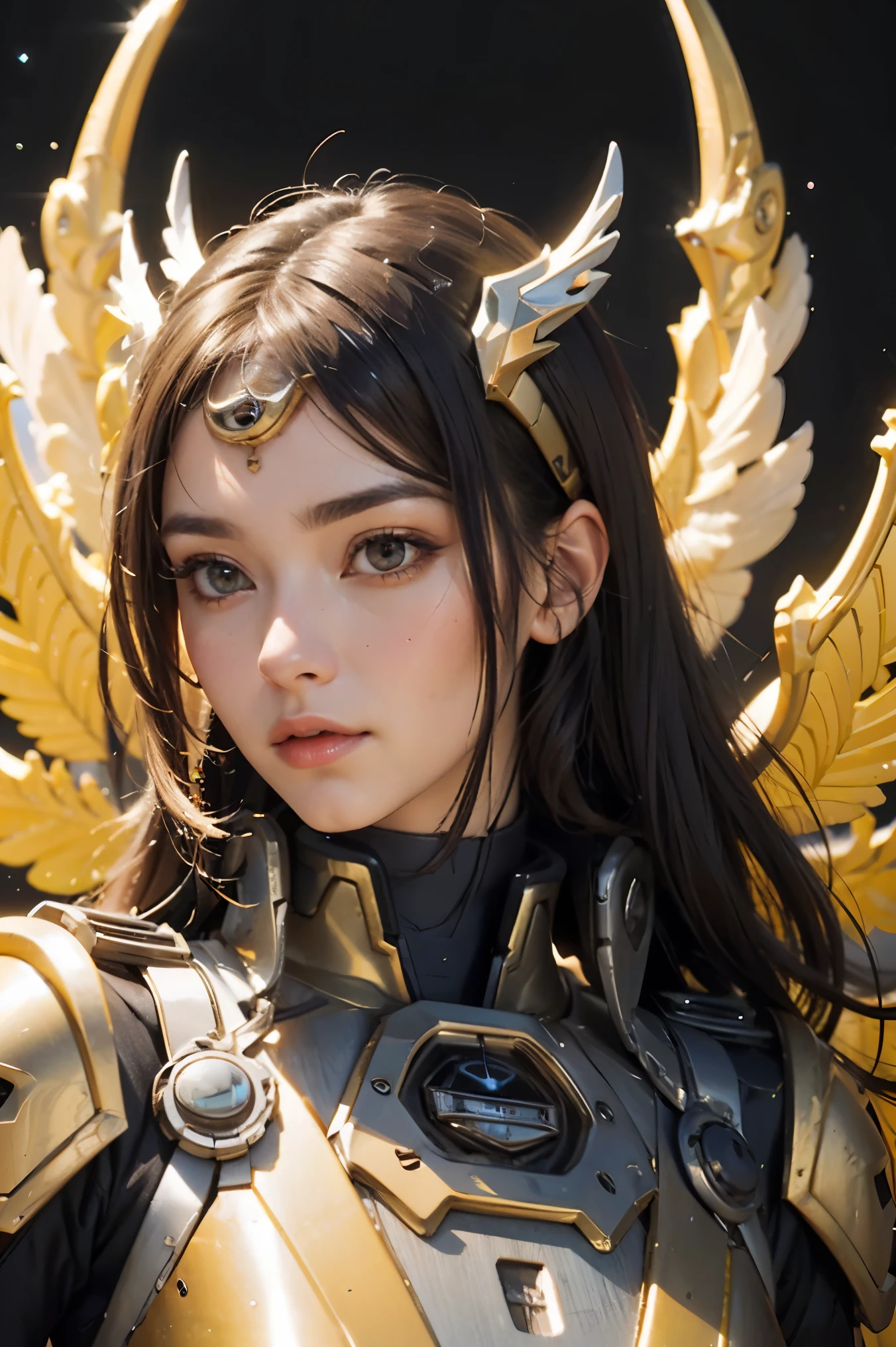 (masterpiece, top quality, best quality, official art, beautiful and aesthetic:1.2), (1girl), extreme detailed eyes, (fractal art:1.3), colorful, highest detailed, (perfect face), shiny skin, HDR, (white cloak golden lines:1.2), galaxy, (light streaks), striking visuals, (dynamic streaks, luminous trails:1.2), vibrant colors, (phoenix), (dragon)