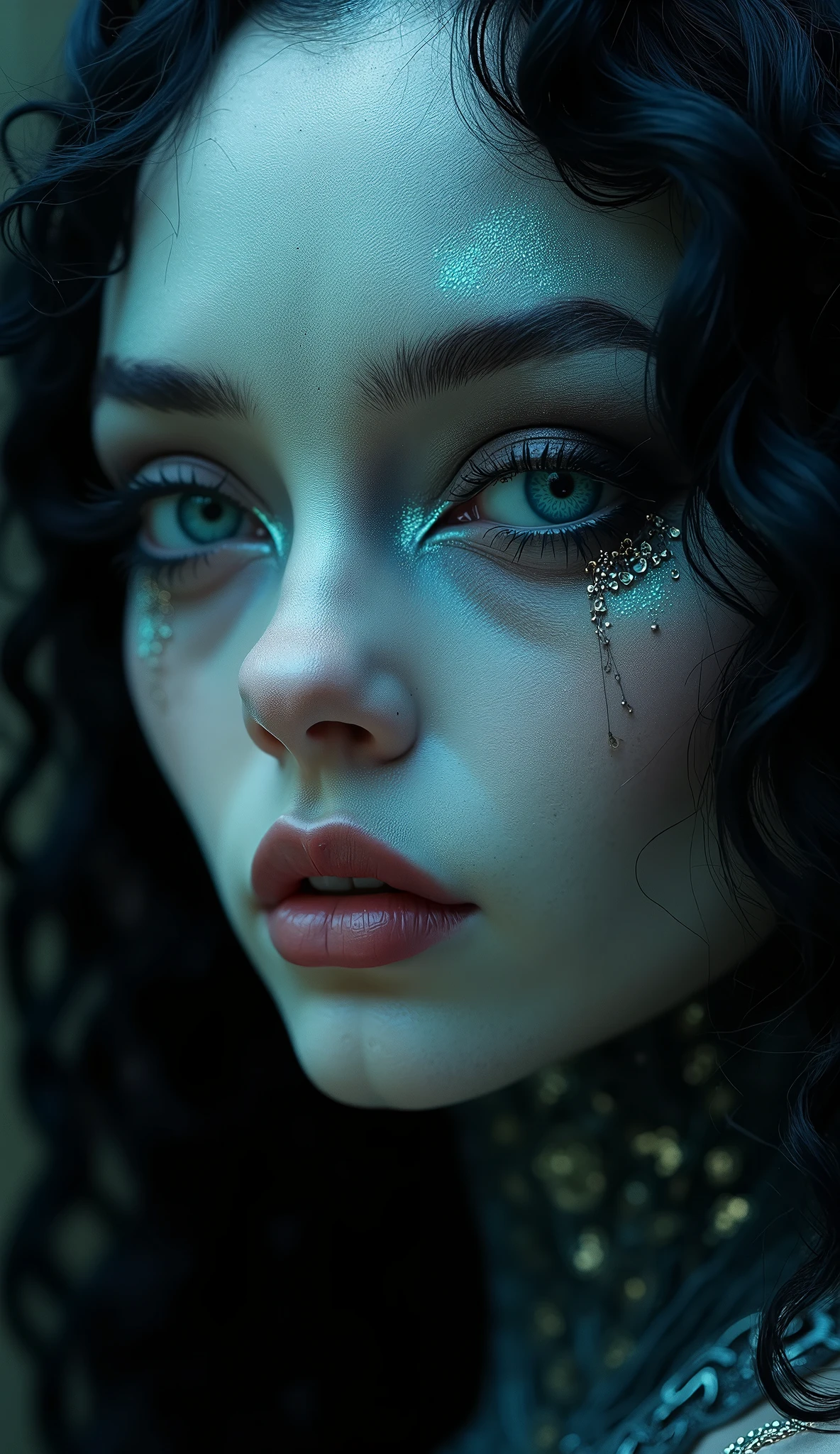 (best qualtiy,ultra - detailed,Most Best Illustration,Best shadow,tmasterpiece,A high resolution,professionalartwork,famousartwork),Detailed eyes,beautidful eyes,closeup cleavage,sci-fy,colored sclera,Robot eyes,face markings,Tattooed with,(fractalized,Fractal eyes),largeeyes,Wide eyes,(Eye focus),sface focus,Cosmic eyes,Space eyes,Close-up of metal sculpture of a woman with a moon in her hair,goddes。extremly high detail,3 d goddess portrait,Extremely detailed footage of the goddess,a stunning portrait of a goddess,Side image of the goddess,portrait of a beautiful goddess,Full body close-up portrait of the goddess,hecate goddess,portrait of a norse moon goddess,goddess of space and time