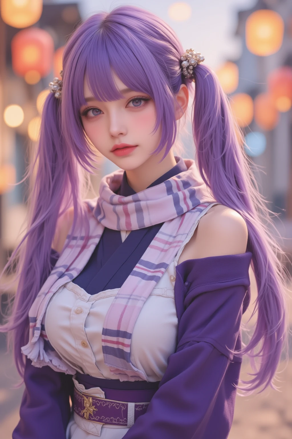 Brown hair,purple aye,purple aye shadow,overal purple shirt,purple aksesoris,realistic