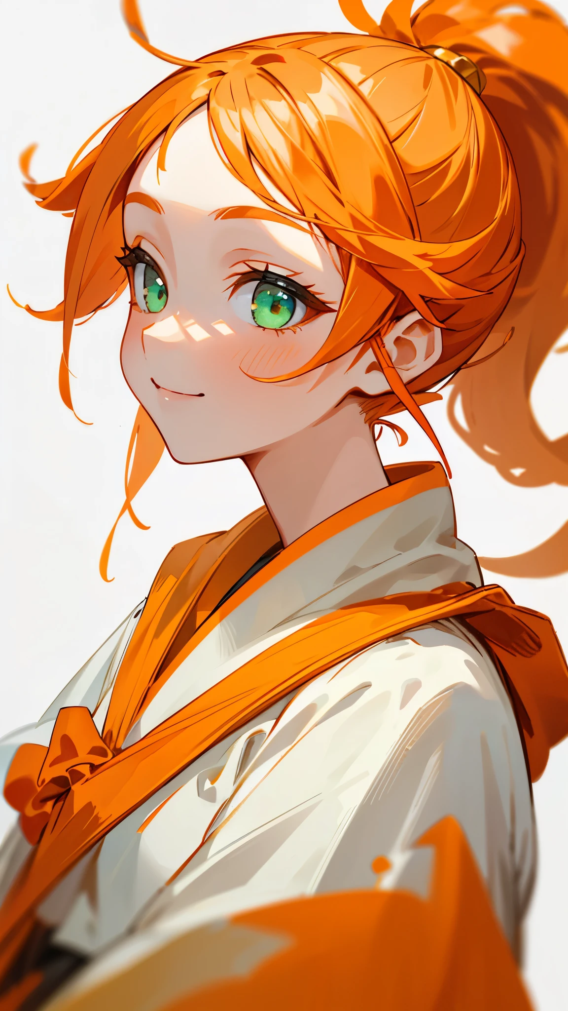 1 girl、 orange themed clothes、white clothes with gold embellishments 、 orange hair、 ponytail、Beautiful green eyes、smile、 from side、 upper body close-up