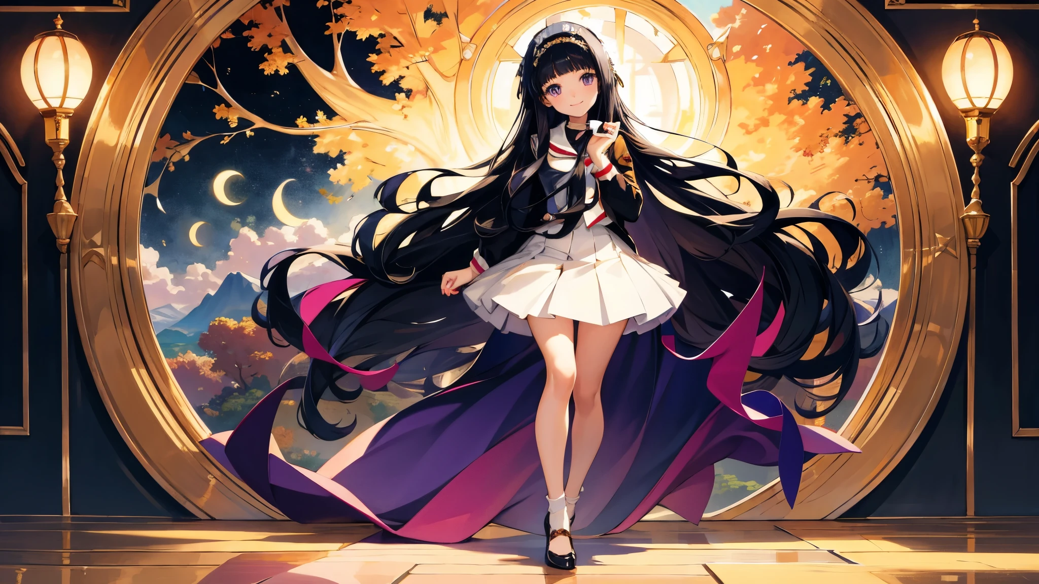 ( Masterpiece), ( top quality), ( complicated details), ( Illustration of ), ( is ridiculous), (Ecstatic),
detailed, (poster Illustration of ),
Tomoyo, Tomoyo-e, Clamp,
1 girl, Alone, smile, long hair, above Decorati has , White headdress, black hair, purple eyes , blunt bangs,
( skinny fit), ( Watch Viewers ), (), ( full body), Very Exquisite Face ,
( detailed background :1.2),
beautiful legs, detailed body, detail hand , ( super precision ), sharp, ( Hi-Res), ( high detail:1.2), detaileded, Soft Lighting , beautiful detailed glow,