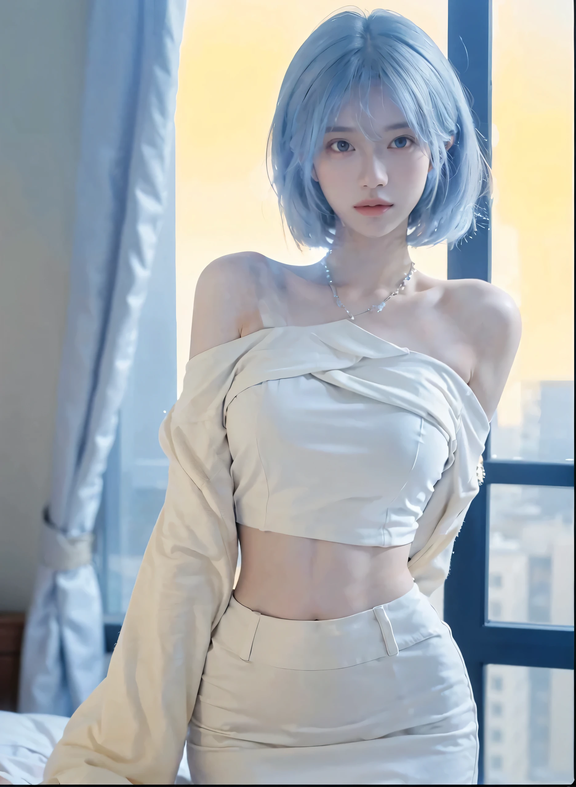 an anime girl, ((a 25yo woman))、A smile、Her eyes are big and curious, She was excited and happy to see me, Beautiful eyes, White and blue hair, Pink eyes, good art, Good drawings, 2D Anime, 2D, Cute, 2 hands and 5 fingers on each hand, Beautiful hands, Good hands are drawn, 4K, 8K, Blue Off Shoulder, don’t wear shirt