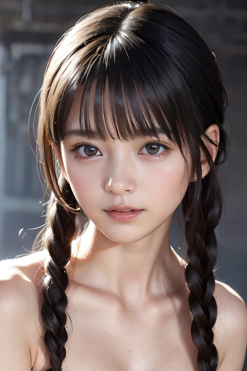 (8k, RAW photo, photorealistic:1.25) ,( lip gloss, eyelashes, Shiny surface, Glossy Skin, best quality, ultra highres, allows depth of field, naked, nude, short two braids hair, Color Difference , caustics, blow lighting , Natural Shading, kpop idol) , while staring at the audience 、With an expression of calm and bliss like a goddess, crying, tears, tearing, sadness, dark dungeon