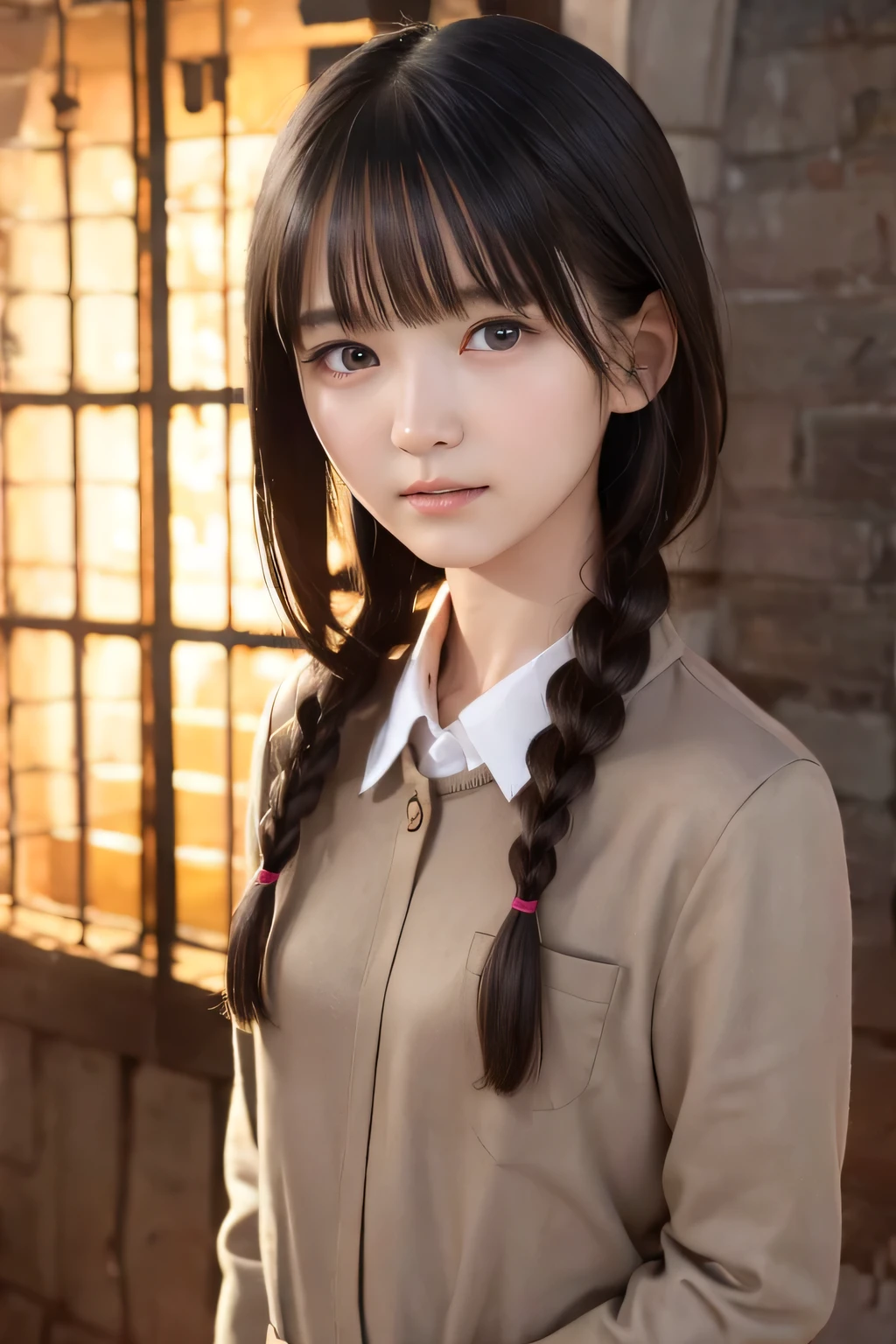 (8k, RAW photo, photorealistic:1.25) ,( lip gloss, eyelashes, Shiny surface, Glossy Skin, best quality, ultra highres, allows depth of field, naked, nude, short two braids hair, Color Difference , caustics, blow lighting , Natural Shading, kpop idol) , while staring at the audience 、With an expression of calm and bliss like a goddess, crying, tears, tearing, sadness, dark dungeon
