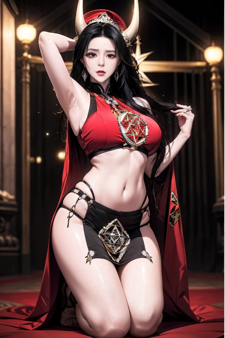 Fine、(The best illustrations)、8k UHD resolution、intricate-detail、top-quality、realisitic、ultra-detailliert、The best lighting、Best Shadows、Soft lighting、Ulutra HD、Ultra-realistic、Tindall Effect、Photorealsitic、(High Detail Skins:1.2)、 (Intricate details, makeup, pureerosface_v1:0.5), (Detailed beautiful delicate face, Detailed beautiful delicate eyes, A perfectly proportioned face, High detailed skin, Detailed skin, best ratio four finger and one thumb, arms below breasts, Tattoo with a red glow under the stomach、Awesome awesome, wide hips, smooth midriff, skiny and thin, __Fashion__, __hair__:1.25)、Digital SLR、 absurderes、1 beautiful devil woman from hell, surreal female portraits by David Hockney and Alphonse Mucha, Portrait of a seductive woman、Fantasy Art, Chinese Doll、Chinese actress、Dungeon、The dragon、Devil's Palace、Devil's Torture Chamber、natta、Dark style 、In the Dark、(Detailed spooky backgrounds:0.8), magia、 女の子1人、Evil Nun、Dark Necromancer、Succubus、Devil's Daughter、Umi Shinonome、Bat Wings,(((Demon Horns)))、 ((((Huge glasses, Otaku Glasses, thick glasses, Round glasses)))),(((Colossal tits)))、(Devil's Tail)、(red eyes glowing:1.6)、red eyes make up very sharp and detailed, The eyes are very well made up, ((Red Eye:1.0)),intricate tattoos, demonic intricate tattoos, thigh tattoos, body tattoos, masterpiece、The most beautiful face、a baby face、Charming smile、plump beautiful red lips、Muscular seductive body、The enchanting body of the devil、devil style、Seductive Black Magic Costume、(((A shiny red snake is wrapped around her body)))、The long-haired、Braids、Black hair、Ponytail distortion、, Ponytail with a bow tied at the back of the hair, Beautiful expression、Body Up、Large breasts emphasis、Bust, Super tight breasts, Breast augmentation surgery, The breasts are very big and round and round,Toned waist、Wide buttocks、 lowkey, cowboy lens, (red phoenix dress: 1.0), devil crown, Red sparkling gemstone necklace、Jewelry Gwise, wearing black mesh socks,wearing a thin red and