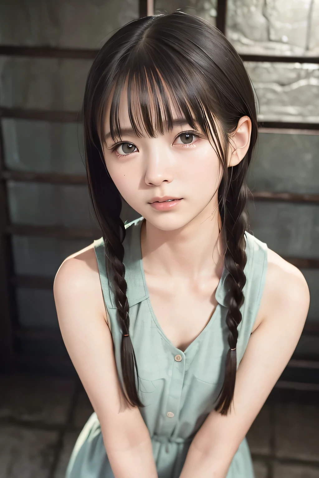 (8k, RAW photo, photorealistic:1.25) ,( lip gloss, eyelashes, Shiny surface, Glossy Skin, best quality, ultra highres, allows depth of field, naked, nude, short two braids hair, Color Difference , caustics, blow lighting , Natural Shading, kpop idol) , while staring at the audience 、With an expression of calm and bliss like a goddess, crying, tears, tearing, sadness, dark dungeon