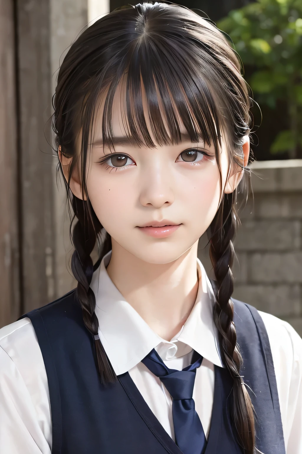 (8k, RAW photo, photorealistic:1.25) ,( lip gloss, eyelashes, Shiny surface, Glossy Skin, best quality, ultra highres, allows depth of field), (school uniform, vest, short two braids hair, Color Difference , caustics, blow lighting , Natural Shading, kpop idol) , while staring at the audience, With an expression of calm and bliss like a goddess, crying, tears, tearing, sadness, dark dungeon