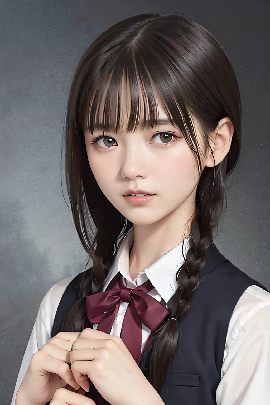 (8k, RAW photo, photorealistic:1.25) ,( lip gloss, eyelashes, Shiny surface, Glossy Skin, best quality, ultra highres, allows depth of field), (school uniform, vest, short two braids hair, Color Difference , caustics, blow lighting , Natural Shading, kpop idol) , while staring at the audience, With an expression of calm and bliss like a goddess, crying, tears, tearing, sadness, dark dungeon