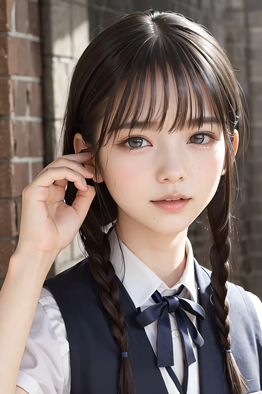 (8k, RAW photo, photorealistic:1.25) ,( lip gloss, eyelashes, Shiny surface, Glossy Skin, best quality, ultra highres, allows depth of field), (school uniform, vest, short two braids hair, Color Difference , caustics, blow lighting , Natural Shading, kpop idol) , while staring at the audience, With an expression of calm and bliss like a goddess, crying, tears, tearing, sadness, dark dungeon
