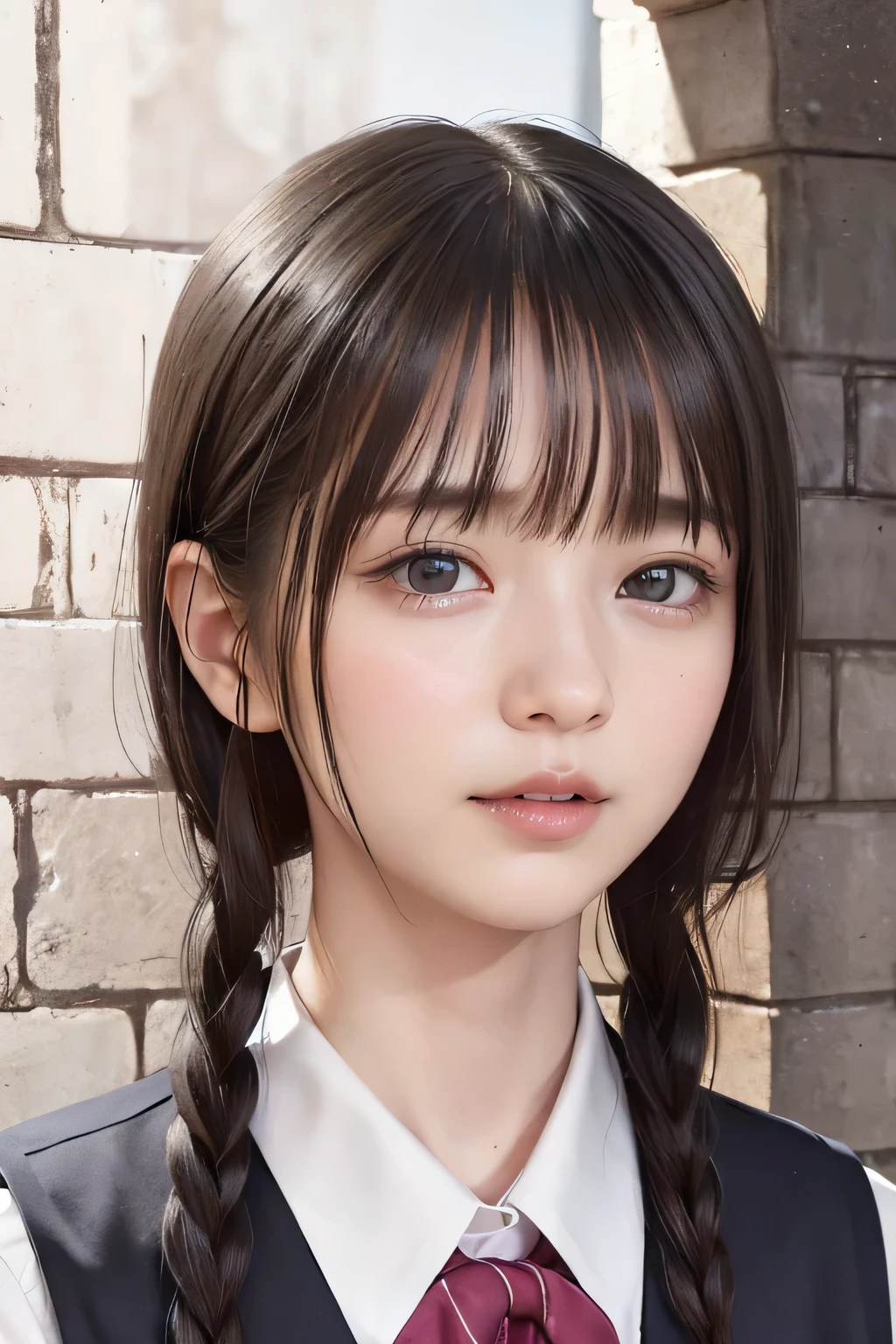 (8k, RAW photo, photorealistic:1.25) ,(upper body, lip gloss, eyelashes, Shiny surface, Glossy Skin, best quality, ultra highres, allows depth of field), (school uniform, vest, short two braids hair, Color Difference , caustics, blow lighting , Natural Shading, kpop idol) , while staring at the audience, With an expression of calm and bliss like a goddess, crying, tears, tearing, sadness, (a girl in the iron grade, dark dungeon:1.5)