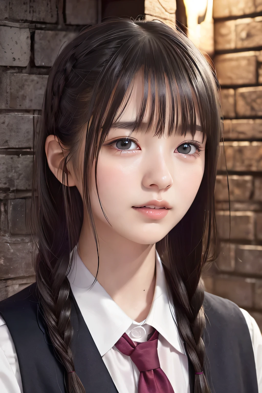 (8k, RAW photo, photorealistic:1.25) ,(upper body, lip gloss, eyelashes, Shiny surface, Glossy Skin, best quality, ultra highres, allows depth of field), (school uniform, vest, short two braids hair, Color Difference , caustics, blow lighting , Natural Shading, kpop idol) , while staring at the audience, With an expression of calm and bliss like a goddess, crying, tears, tearing, sadness, (a girl in the iron grade, dark dungeon:1.5)