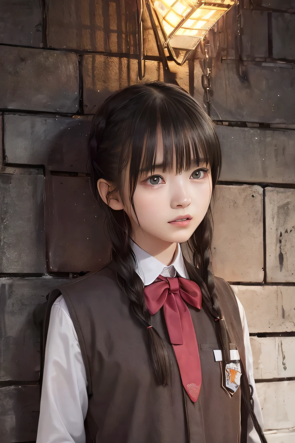 (8k, RAW photo, photorealistic:1.25) ,(upper body, lip gloss, eyelashes, Shiny surface, Glossy Skin, best quality, ultra highres, allows depth of field), (school uniform, vest, short two braids hair, Color Difference , caustics, blow lighting , Natural Shading, kpop idol) , while staring at the audience, With an expression of calm and bliss like a goddess, crying, tears, tearing, sadness, (a girl in the iron grade prison, dark dungeon:1.5)