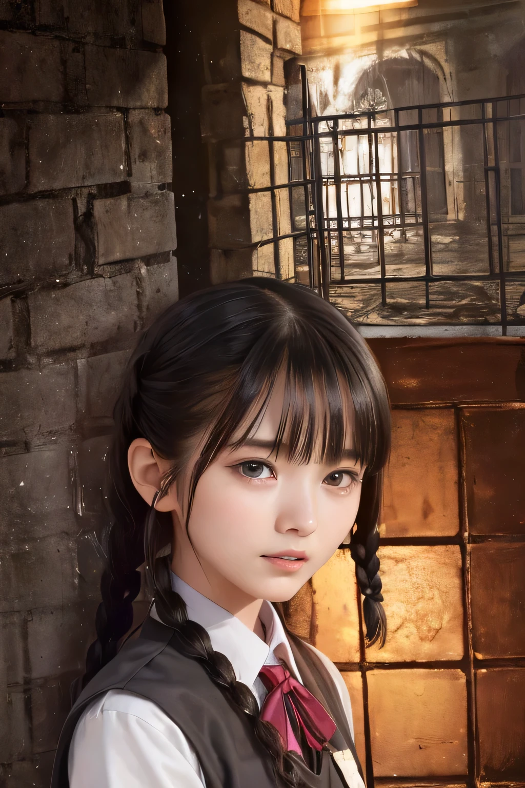 (8k, RAW photo, photorealistic:1.25) ,(upper body, lip gloss, eyelashes, Shiny surface, Glossy Skin, best quality, ultra highres, allows depth of field), (school uniform, vest, short two braids hair, Color Difference , caustics, blow lighting , Natural Shading, kpop idol) , while staring at the audience, With an expression of calm and bliss like a goddess, crying, tears, tearing, sadness, (a girl in the iron grade prison, dark dungeon:1.5)