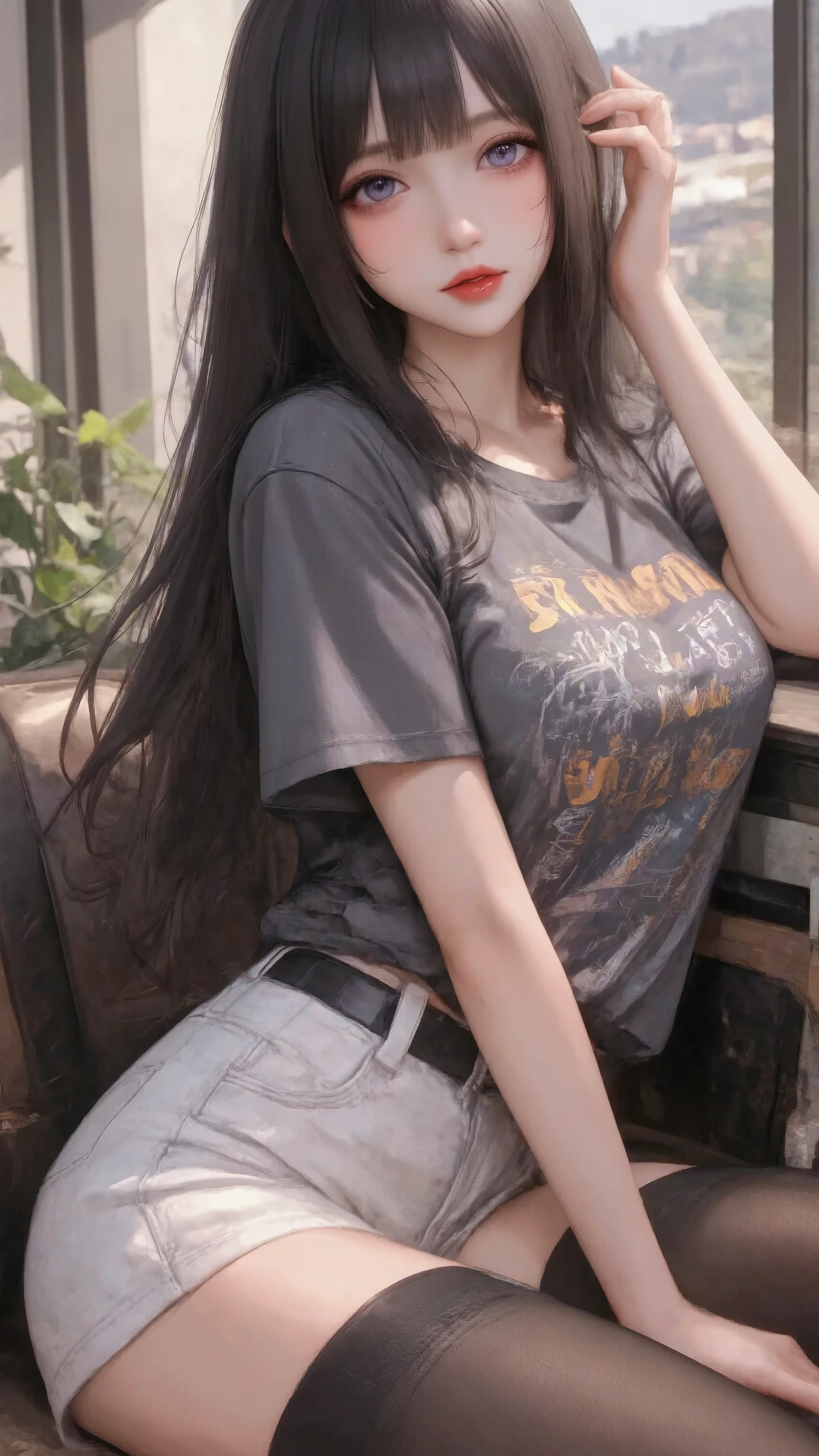  16k, nffsw, nffsw,  top quality,  masterpiece. (Cinematic digital art: 1.3),  high quality ,  masterpiece, Highest quality,  super detailed, illustration, [4k digital art]，(  sharp focus: 1.5), (Dim lighting :1.2), Depth of Field, Bokeh, 4K 、( masterpiece:1.3),   high resolution ,  Super Fine,  extremely fine CG Unity 8K wallpaper,  actual , Realism,  original photo,  Beautiful Detailed Face , pale,  Detailed Cloth Texture , Detailed hair textures,  Perfect Fit,  beautiful face,  anatomically correct ,  Highly detailed facial and skin, Natural neck length, ( Beautiful Hands ), ( fair skin:1.2), Thin legs, Thin feet, Detailed Characters、A detailed face、 detailed background ,Oval face， Air Bangs，Fairy half-length hairstyle，  looking at the camera ， purple eyes，grey casual t-shirt，white ultra short triangle jeans， black stockings ，whole body，Sit sideways in a chair,Bright red lipstick， red eyeshadow， dynamic pose