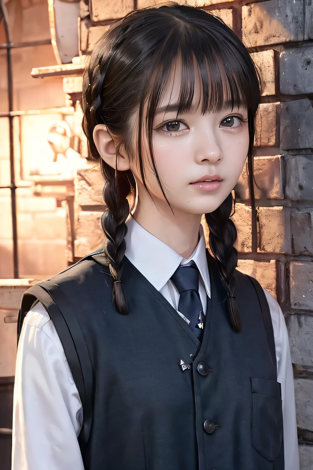 (8k, RAW photo, photorealistic:1.25) ,(upper body, lip gloss, eyelashes, Shiny surface, Glossy Skin, best quality, ultra highres, allows depth of field), (school uniform, vest, short two braids hair:1.5), (Color Difference , caustics, blow lighting , Natural Shading, kpop idol) , while staring at the audience, With an expression of calm and bliss like a goddess, crying, tears, tearing, sadness, (a girl in the iron grade prison, slave collar, dark dungeon:1.5)