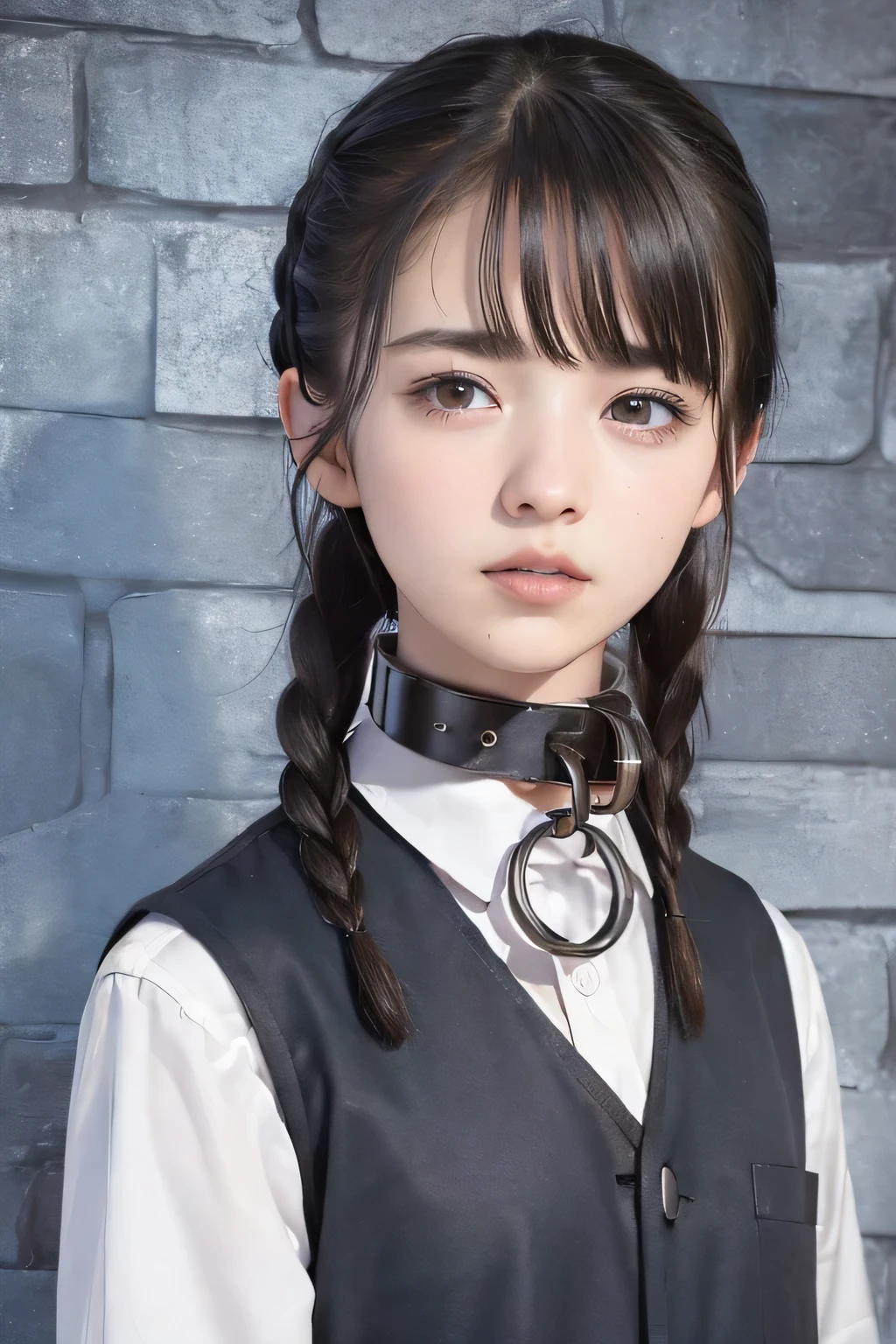 (8k, RAW photo, photorealistic:1.25) ,(upper body, lip gloss, eyelashes, Shiny surface, Glossy Skin, best quality, ultra highres, allows depth of field), (school uniform, vest, short two braids hair:1.5), (Color Difference , caustics, blow lighting , Natural Shading, kpop idol) , crying, tears, tearing, sadness, (a girl in the iron grade prison, slave metal collar, dark dungeon:1.5)