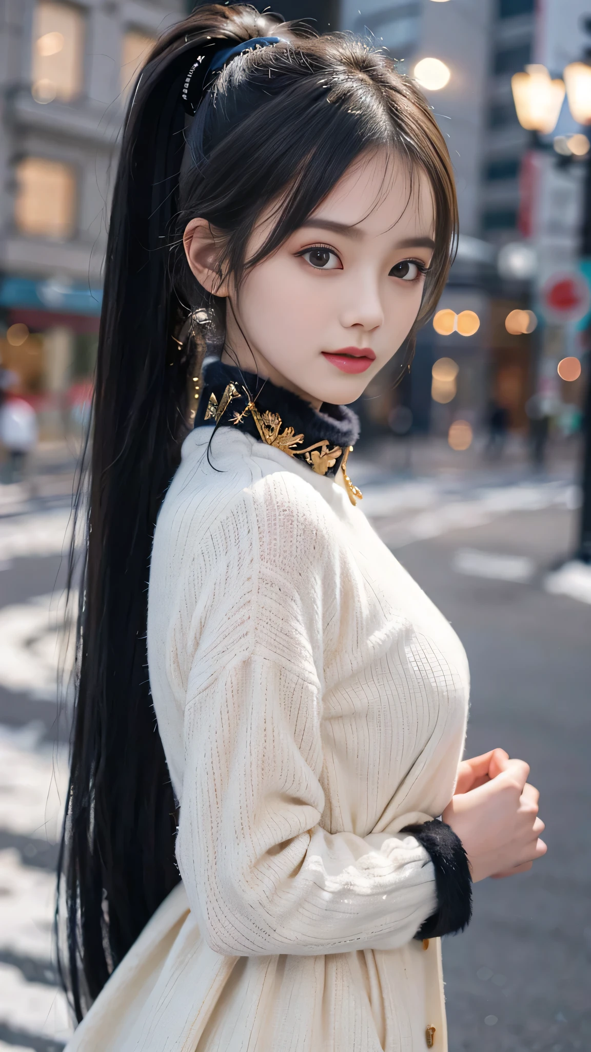 riz, (best quality), (Masterpiece:1.2), (realistic, photo-realistic:1.2), (Highly Detailed Face and Skin Texture), (full body shot from behind:1.1), (20 years old Japanese idol), cute face, Whitening Skin, Double Eyelids, (Absurdly Long Hair:1.5), (slim figure), (flat bust:0.9), long legs, (Black Straight Hair),(black long coat)