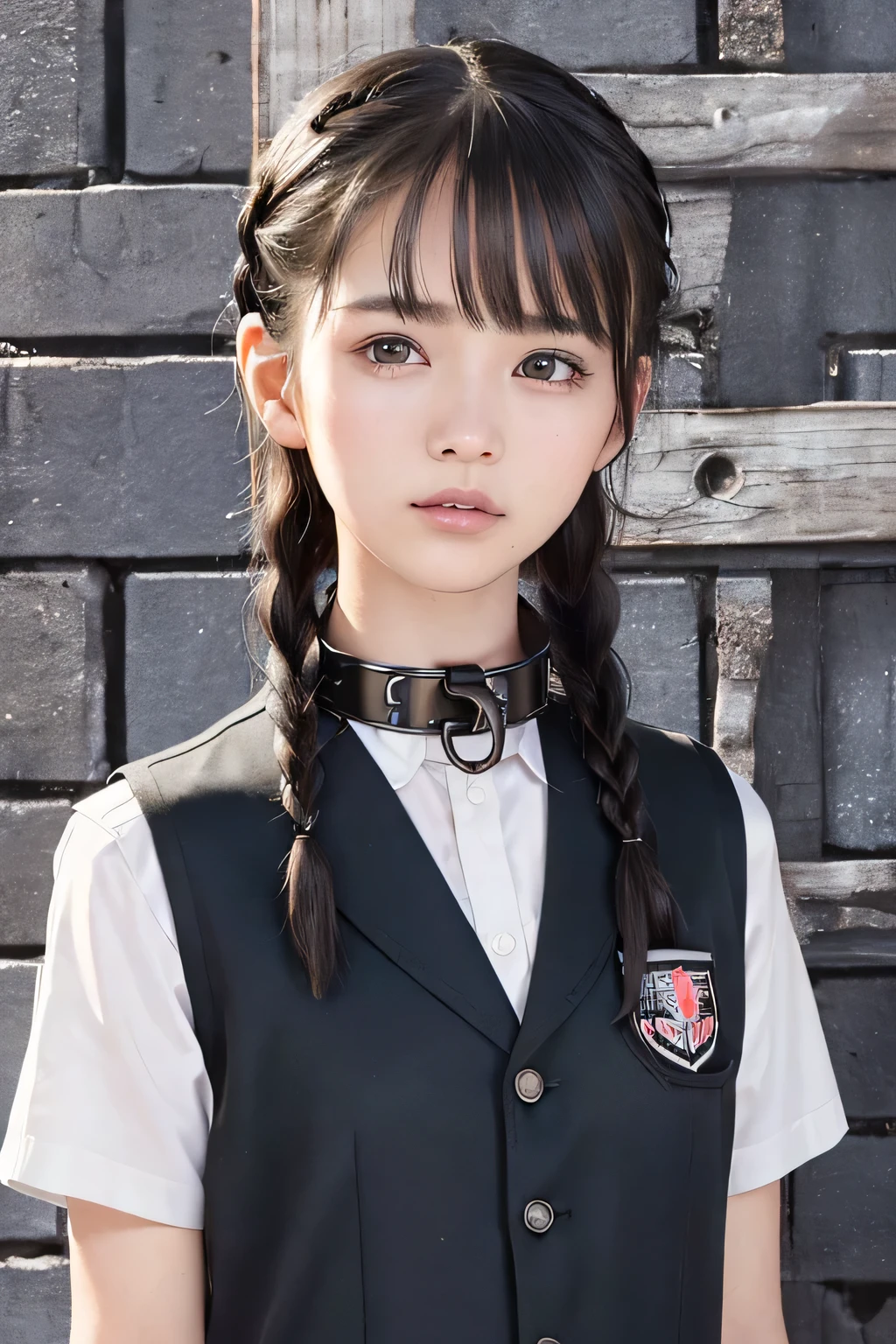 (8k, RAW photo, photorealistic:1.25) ,(upper body, lip gloss, eyelashes, Shiny surface, Glossy Skin, best quality, ultra highres, allows depth of field), (school uniform, vest, short sleeve shirt, short two braids hair:1.5), (Color Difference , caustics, blow lighting , Natural Shading, kpop idol) , crying, tears, tearing, sadness, (a girl in the prison, prison cell with iron grade, slave metal collar, dark dungeon:1.5)