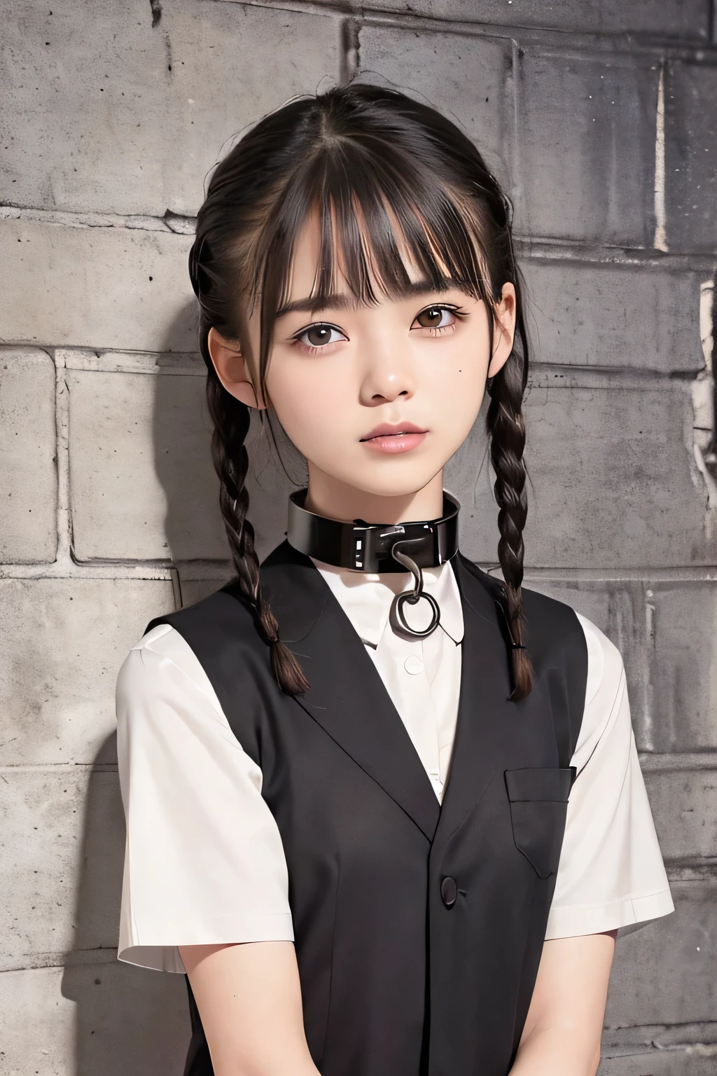 (8k, RAW photo, photorealistic:1.25) ,(upper body, lip gloss, eyelashes, Shiny surface, Glossy Skin, best quality, ultra highres, allows depth of field), (school uniform, vest, short sleeve shirt, short two braids hair:1.5), (Color Difference , caustics, blow lighting , Natural Shading, kpop idol) , crying, tears, tearing, sadness, (a girl in the prison, prison cell with iron grade, slave metal collar, dark dungeon:1.5)