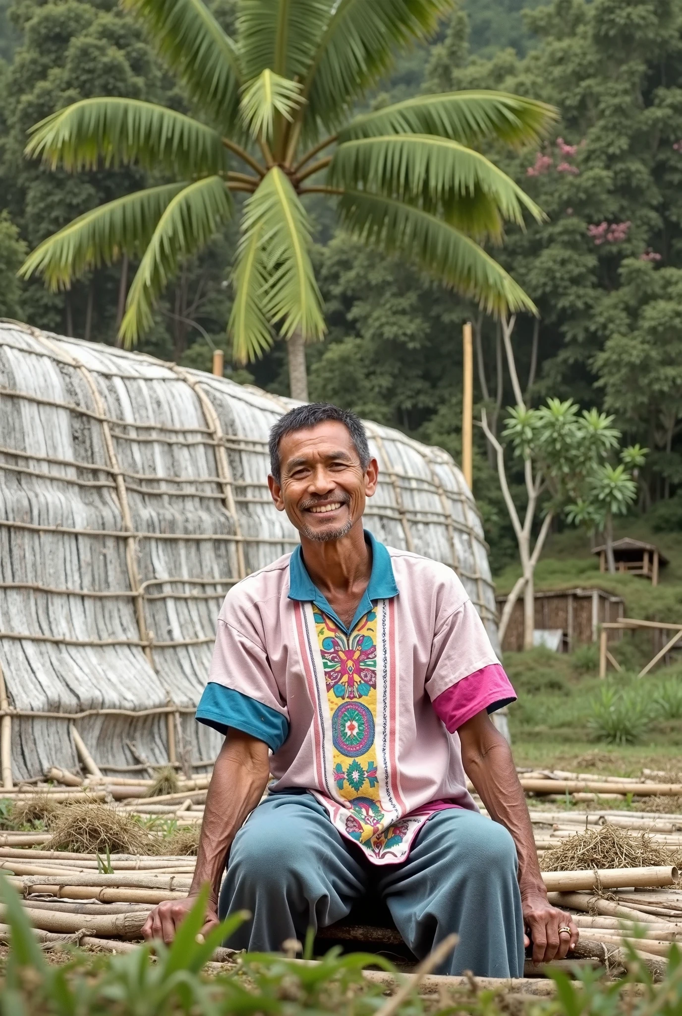 Old man from Indonesia aged 45 years, no mustache, no beard, long hair tied at the back, partly white hair, was sitting under a tree